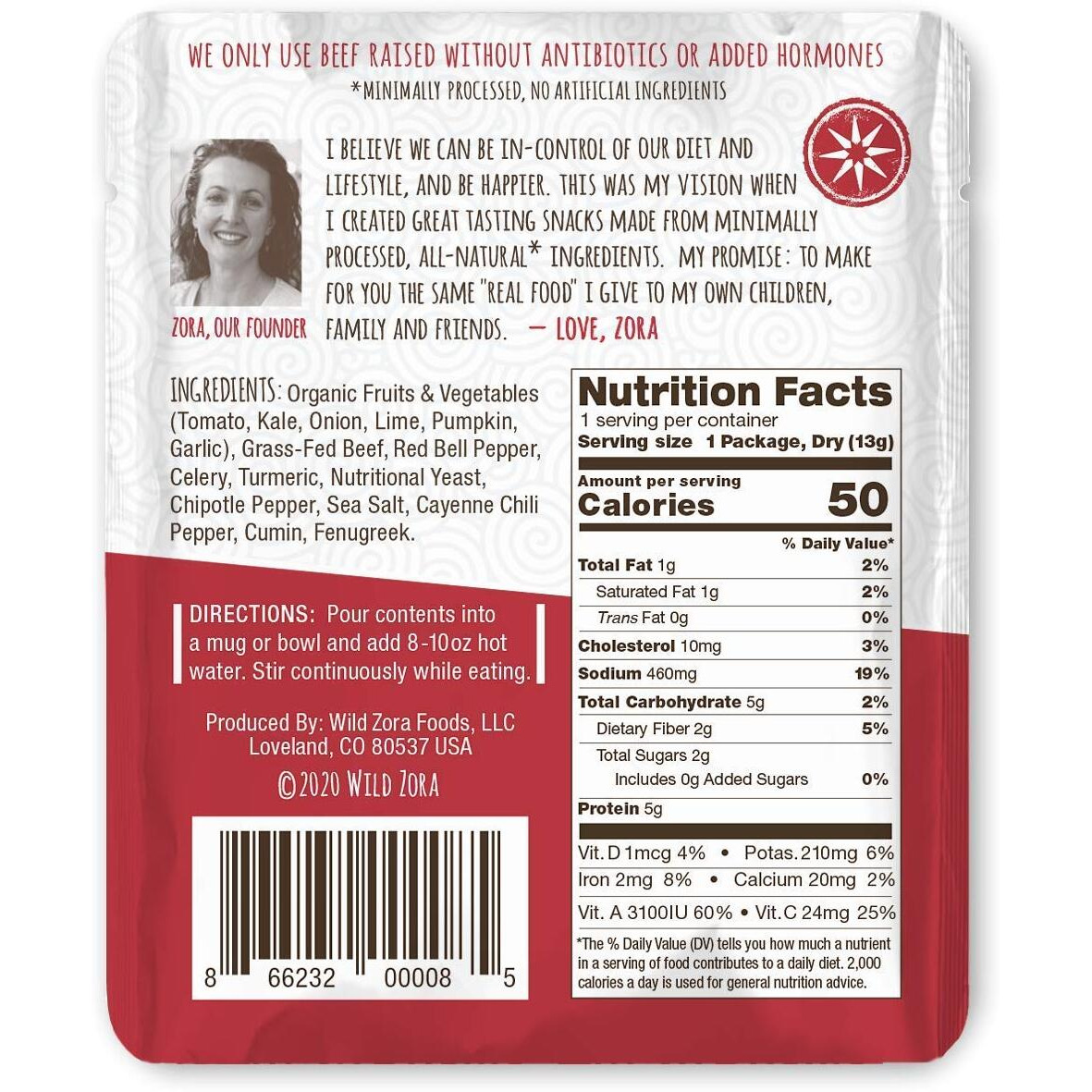 Wild Zora Instant Keto-Friendly Soups Picante Beef 8-Pack Broth Made With 100% Grass-Fed Beef, And Vegetables, Gluten-Free, Grain Free, Low Carb, No Added Sugar, Flavorful Pantry Staples - 0.5Oz/13G