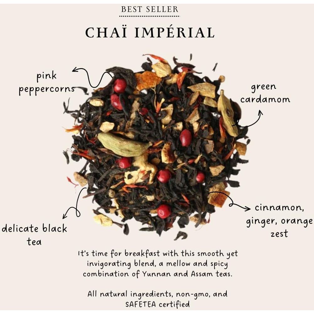 Palais Des Th  S - Chai Imperial - Premium Black Chai Tea With Black Tea, Cardamom, Cinnamon, Ginger, And Orange Zest - 20 Biodegradable Tea Bags Box