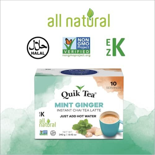 Quiktea Mint Ginger Chai Tea Latte Powder - 10 Count Single Box - All Natural & Preservative Free Instant Chai Tea Mix - Just Add Hot Water (Regular) | Healthy Coffee Alternative