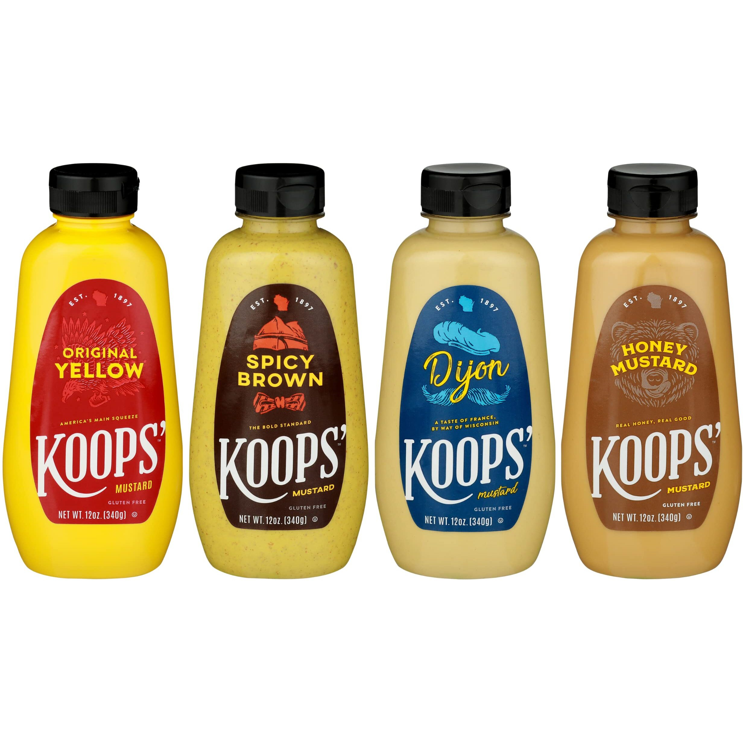 Koops' Classic Mustard Variety Pack - Original Yellow, Spicy Brown, Dijon, & Honey Mustard - Gluten-Free, Kosher, Made In Usa, From Quality Mustard Seeds - 12 Oz, Pack Of 4