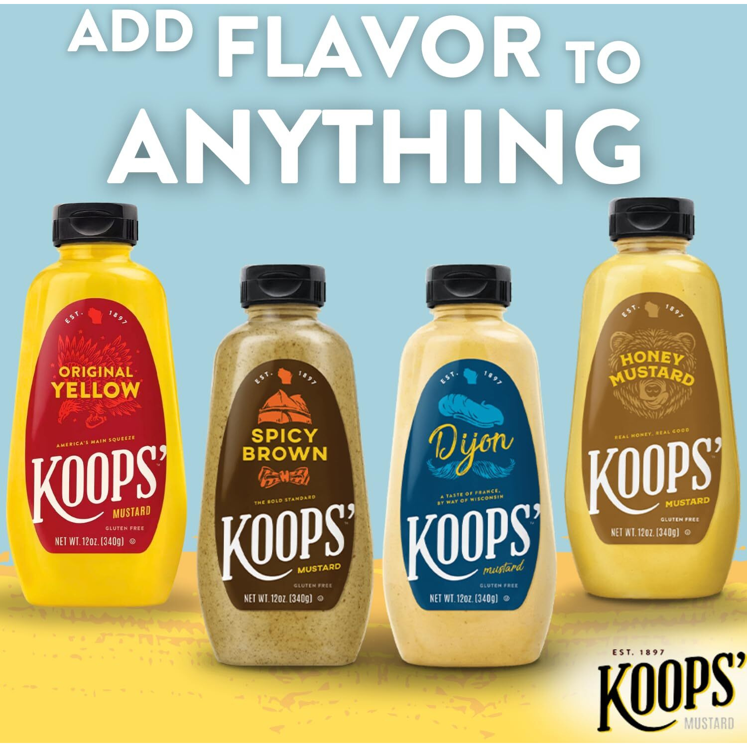 Koops' Classic Mustard Variety Pack - Original Yellow, Spicy Brown, Dijon, & Honey Mustard - Gluten-Free, Kosher, Made In Usa, From Quality Mustard Seeds - 12 Oz, Pack Of 4