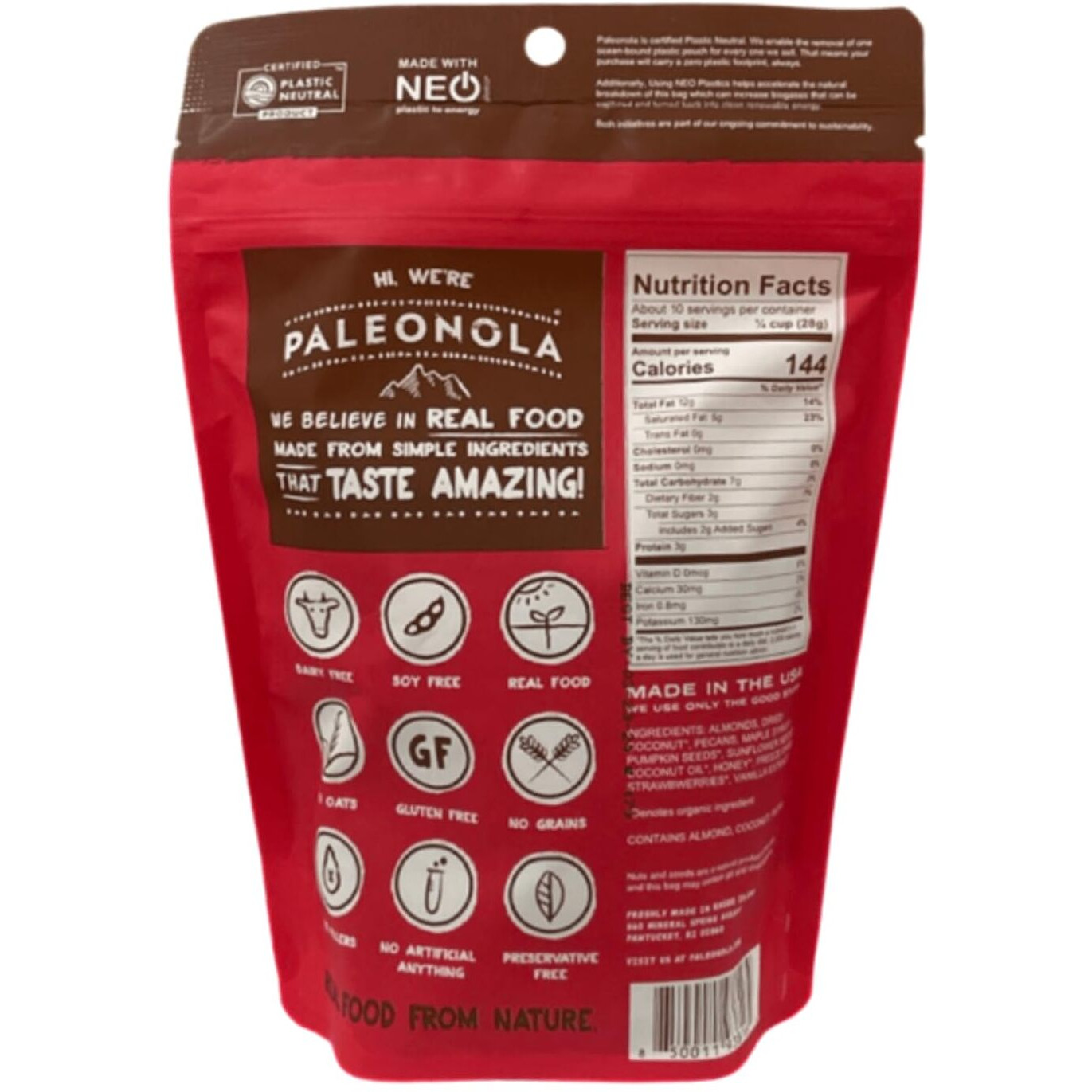 Paleonola - Grain Free Granola Strawberry Flavor - Non-Gmo, Grain, Soy, Gluten, Dairy Free - Low Carb Protein Snack For A Healthy Breakfast