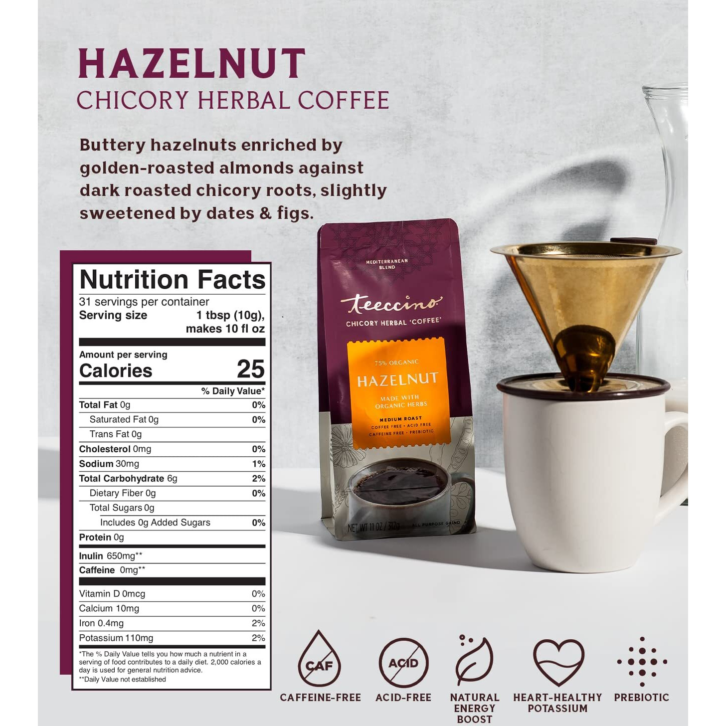 Teeccino Medium Roast Hazelnut Herbal Coffee 11 Ounces (Pack Of 2)