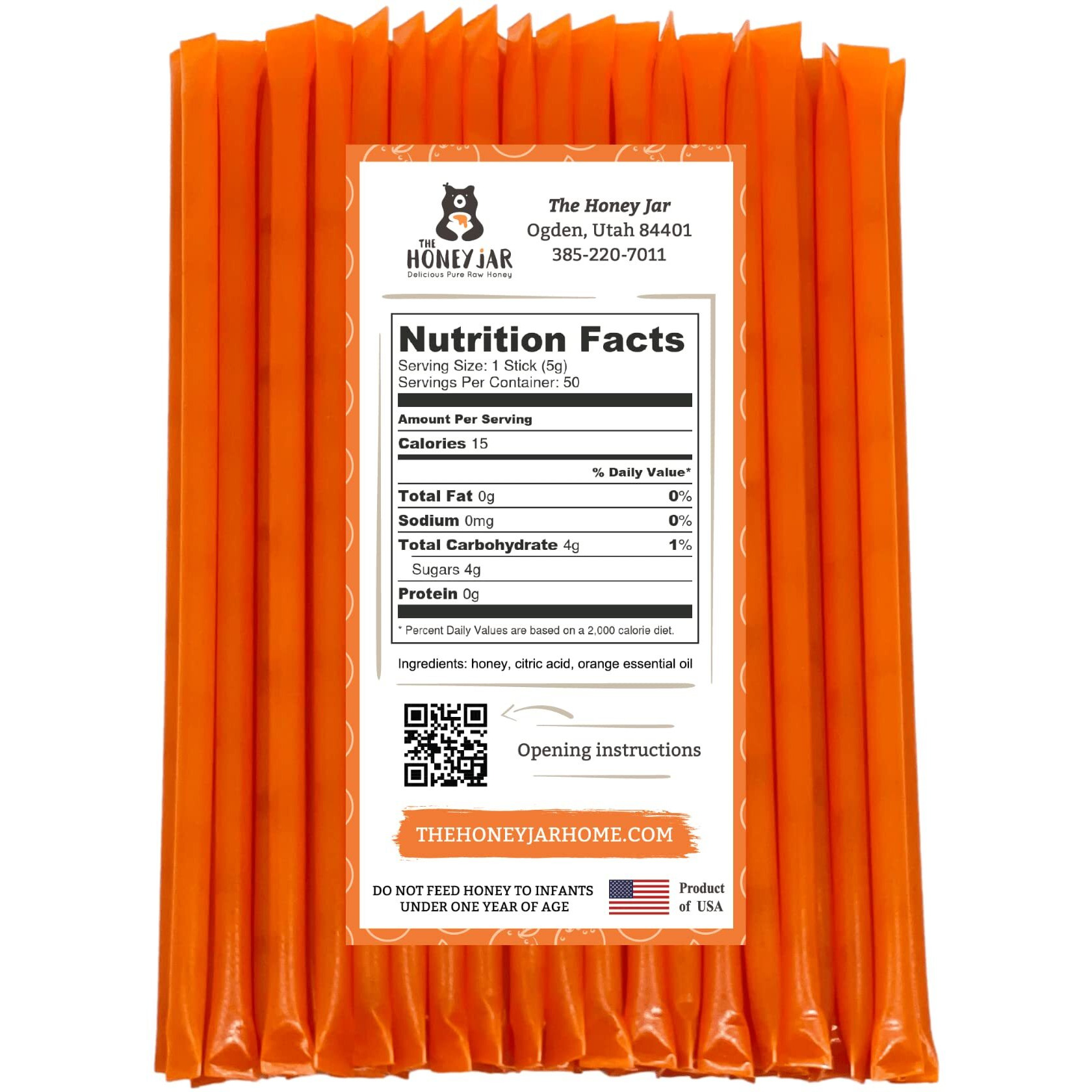 The Honey Jar Orange Flavored Honey Sticks - Pure Honey Straws For Tea, Coffee, Or A Healthy Treat - One Teaspoon Of Flavored Honey Per Stick - Made In The Usa With Real Honey - (50 Count)