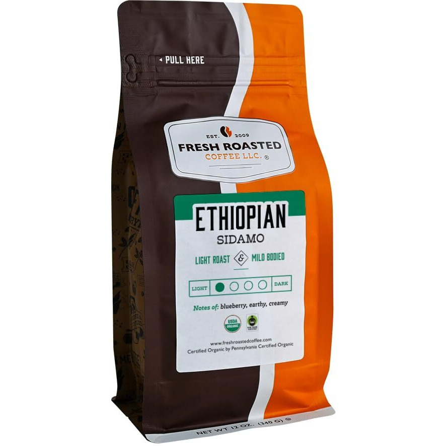Fresh Roasted Coffee, Organic Ethiopian Sidamo, 12 Oz, Light Roast, Fair Trade Kosher, Whole Bean