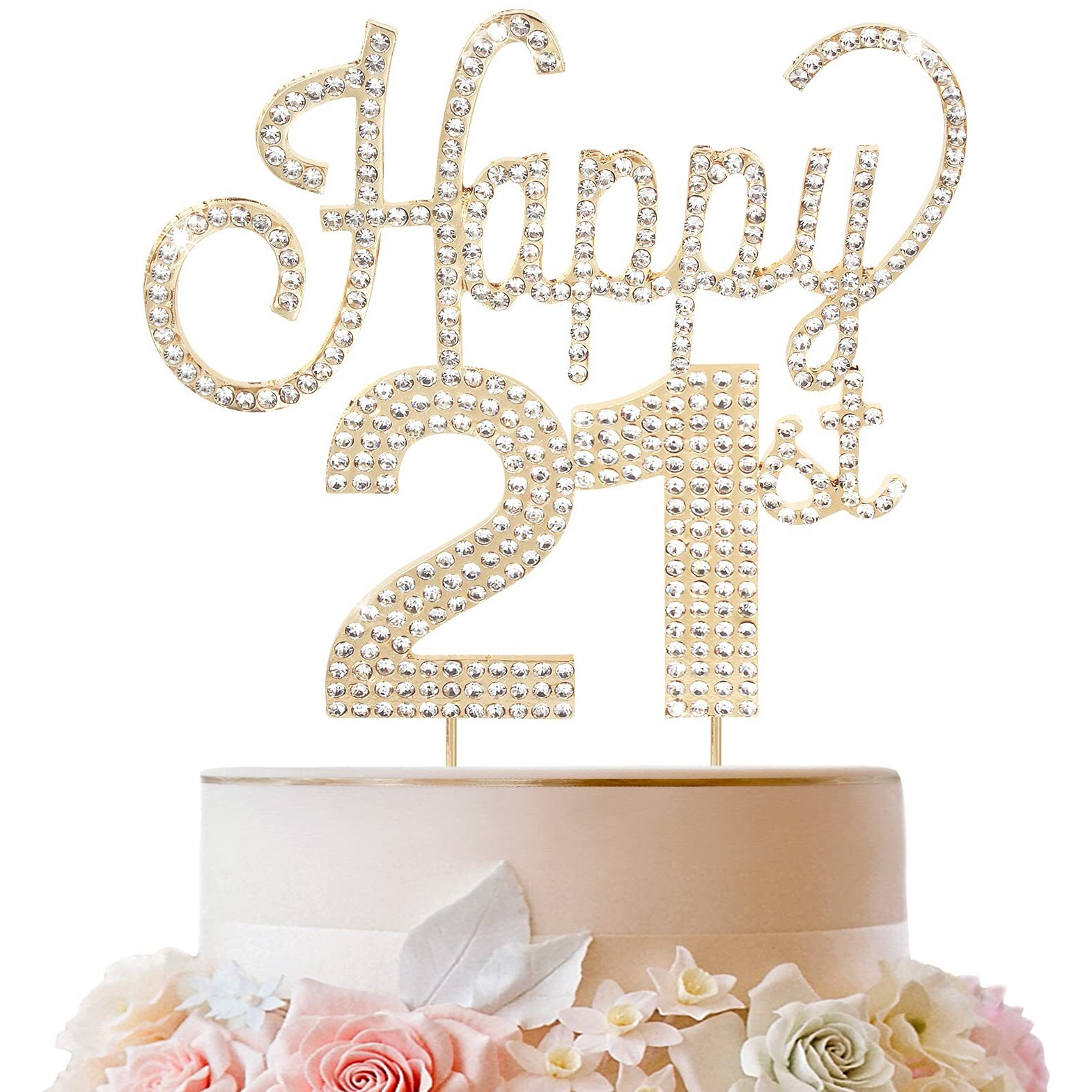 Lingteer Happy 21St Birthday Gold Rhinestone Cake Topper - Cheers To 21St Birthday 21 Years Old Party Cake Centerpieces Topper Decorations Gift Sign.