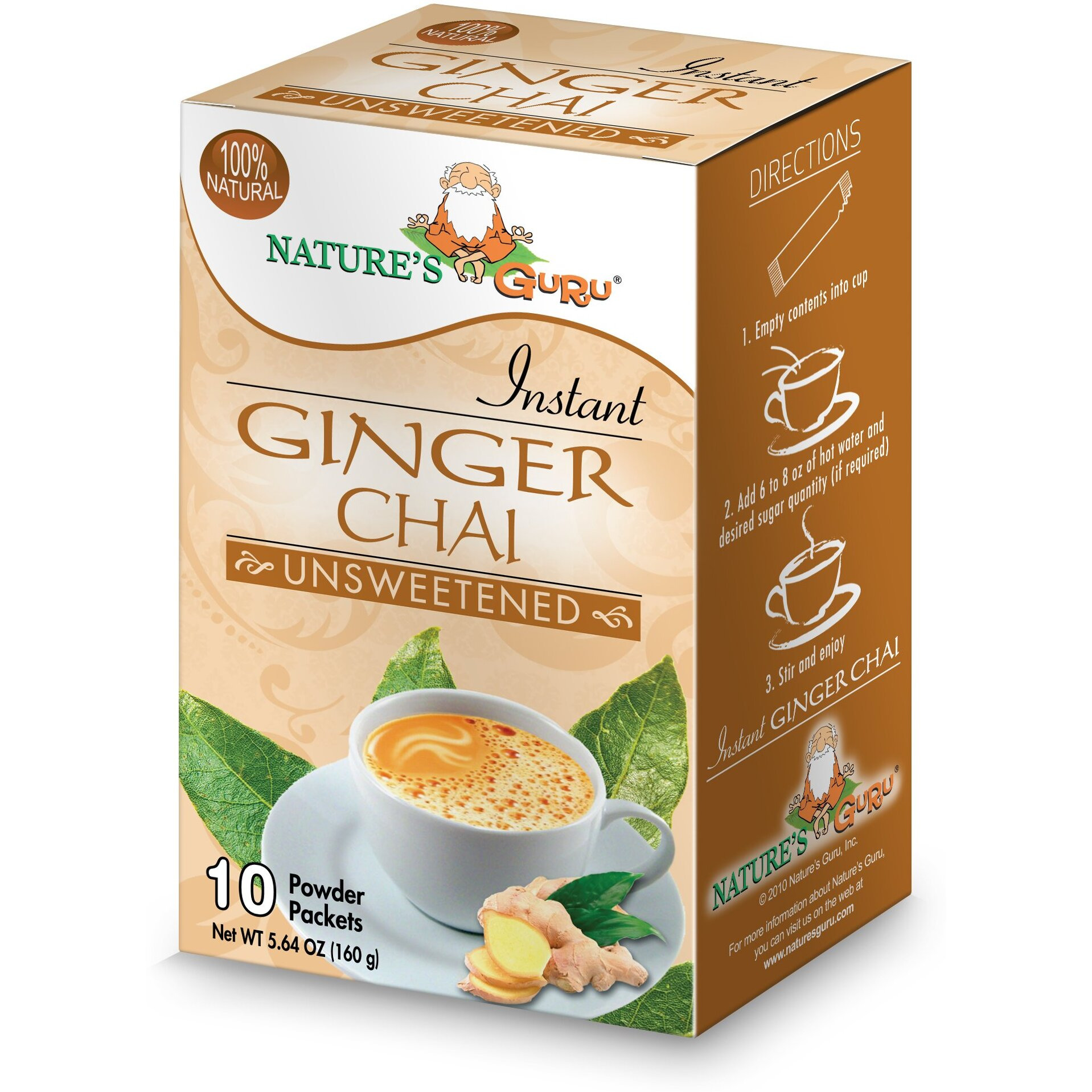 Nature's Guru Instant Ginger Chai Tea Drink Mix Unsweetened 10 Count Single Serve On-The-Go Drink Packets