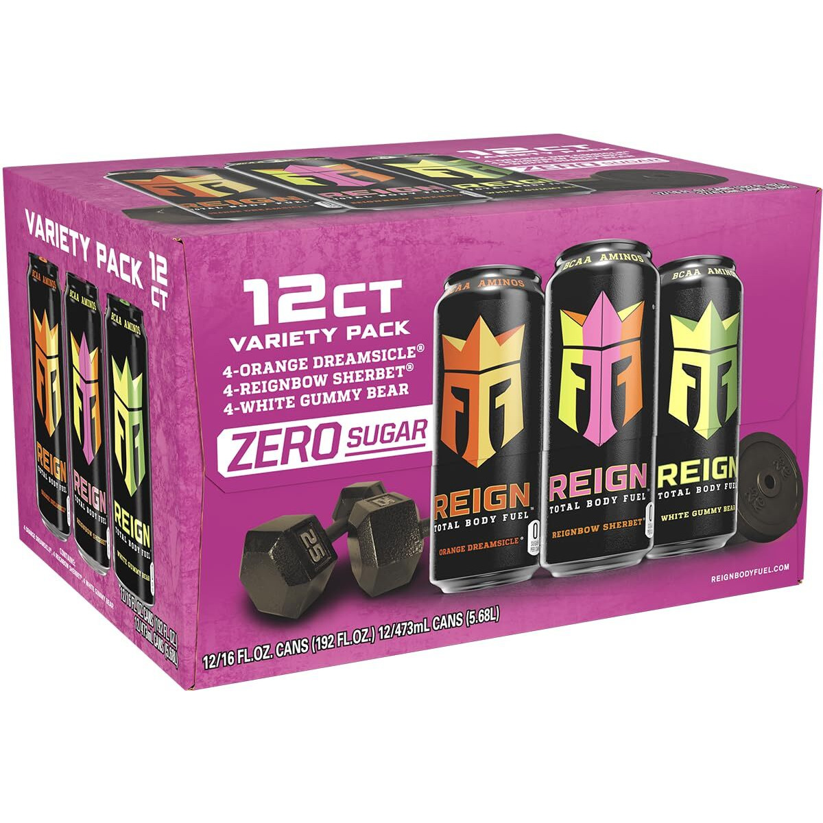 Reign Total Body Fuel Variety Pack, Reign Orange Dreamsicle, Reign Reignbow Sherbet, Reign White Gummy Bear, Fitness & Performance Drink, 16 Fl Oz (Pack Of 12)