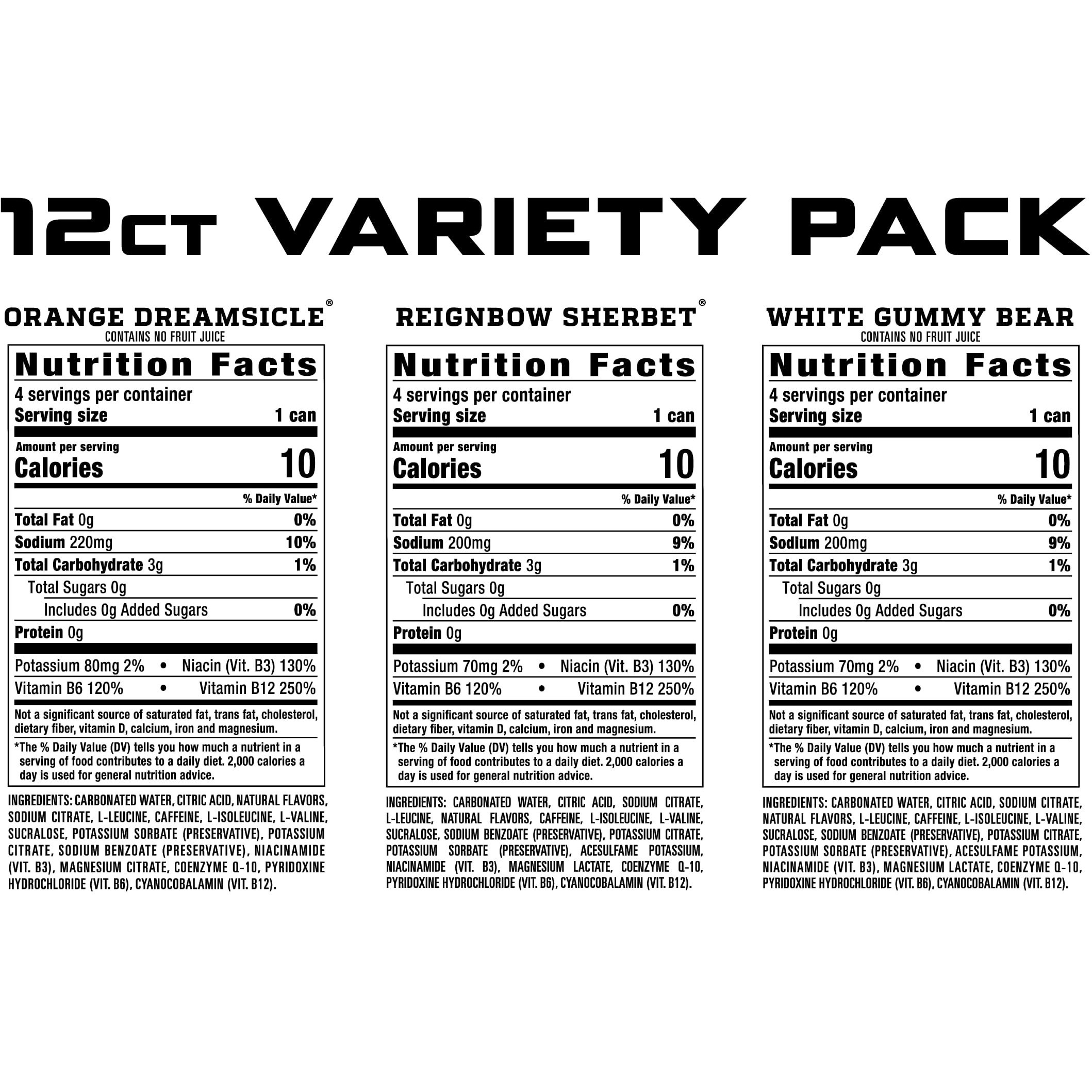 Reign Total Body Fuel Variety Pack, Reign Orange Dreamsicle, Reign Reignbow Sherbet, Reign White Gummy Bear, Fitness & Performance Drink, 16 Fl Oz (Pack Of 12)