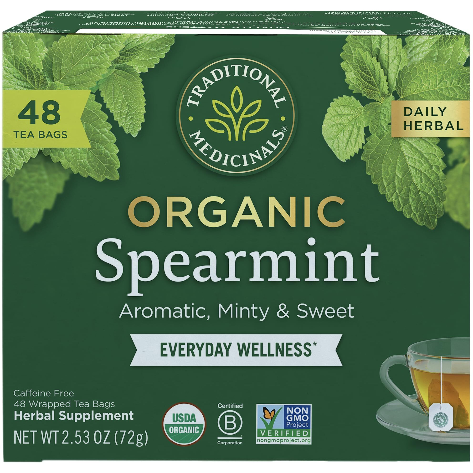 Traditional Medicinals Tea, Organic Spearmint, Supports Everyday Wellness, Healthy & Refreshing - 48 Tea Bags