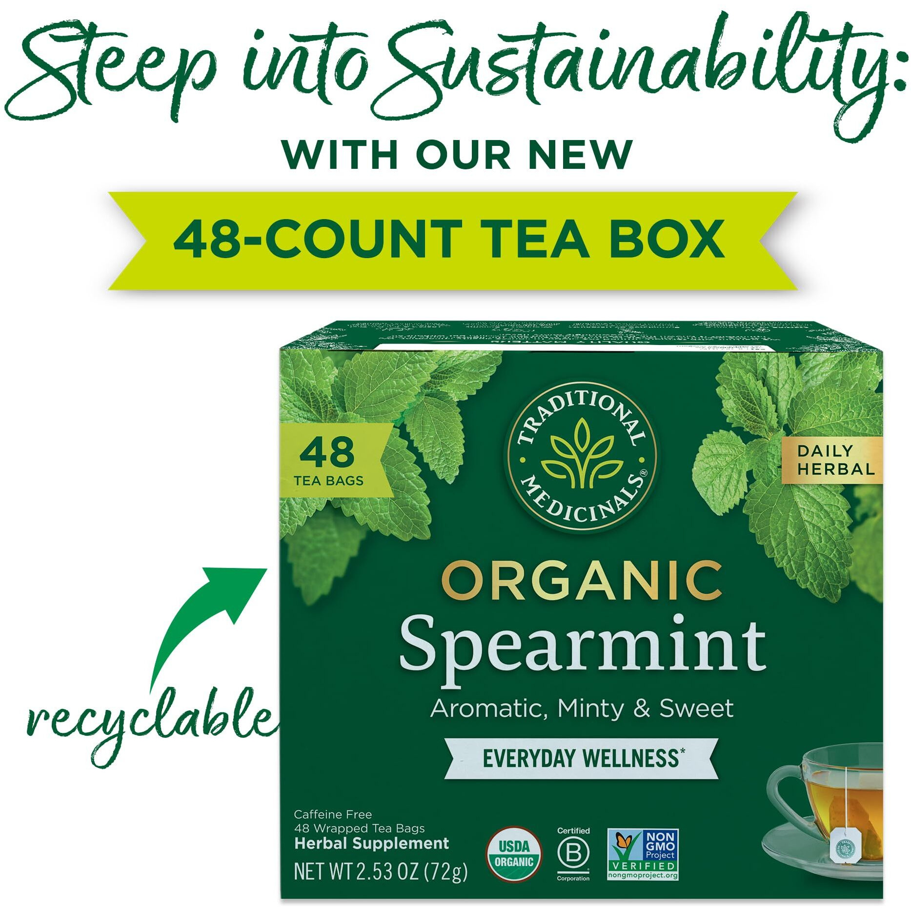 Traditional Medicinals Tea, Organic Spearmint, Supports Everyday Wellness, Healthy & Refreshing - 48 Tea Bags