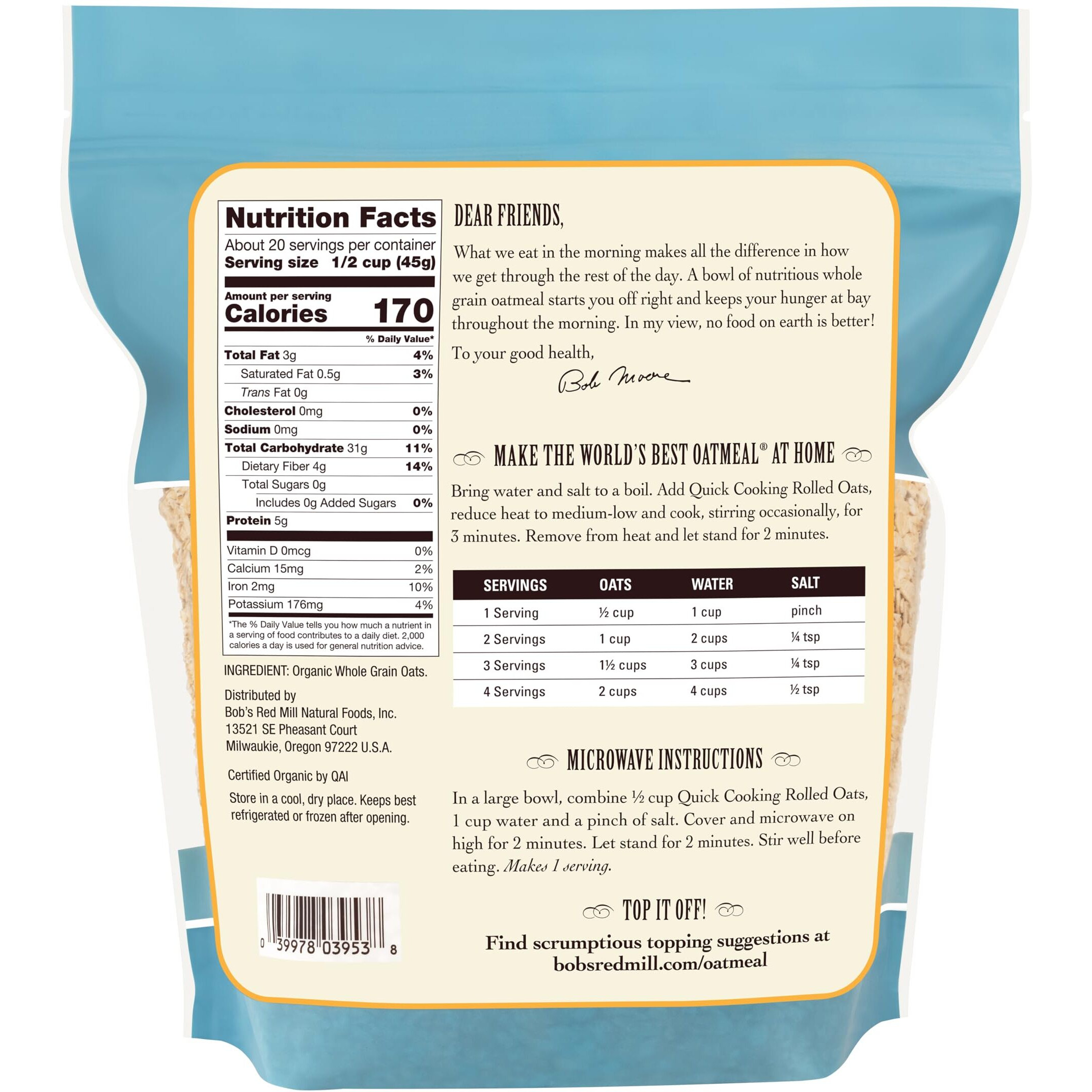 Bob's Red Mill Organic Quick Cooking Rolled Oats - 32 Oz (Pack Of 4)