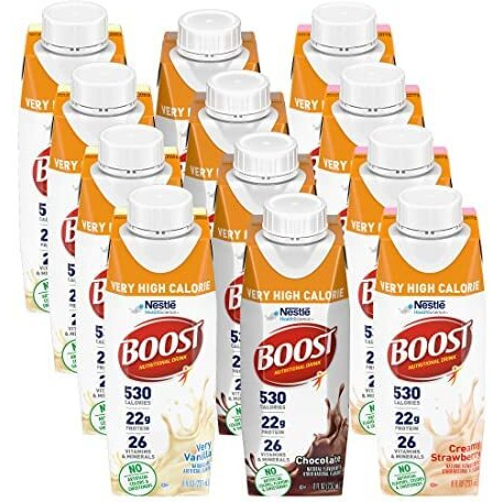 Boost Very High Calorie Nutritional Drink Variety Pack, 4 Bottles Very Vanilla, 4 Bottles Chocolate, 4 Bottles Creamy Strawberry, 8 Fl Oz Bottles, 12 Ct