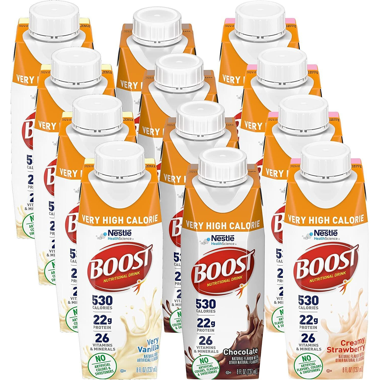 Boost Very High Calorie Nutritional Drink Variety Pack, 4 Bottles Very Vanilla, 4 Bottles Chocolate, 4 Bottles Creamy Strawberry, 8 Fl Oz Bottles, 12 Ct