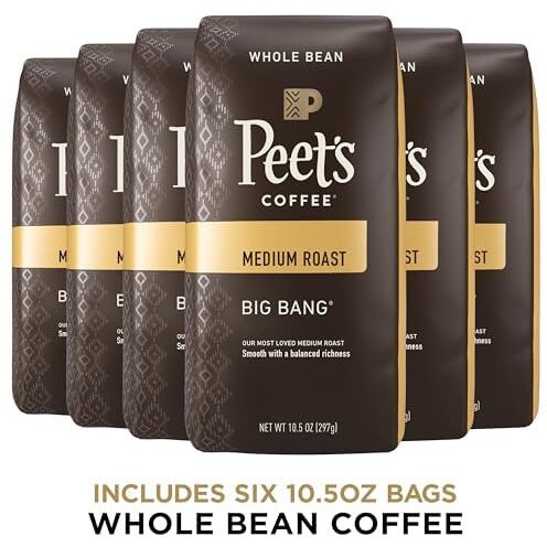 Peet's Coffee, Medium Roast Whole Bean Coffee - Big Bang 63 Ounces (6 Bags Of 10.5 Ounces)