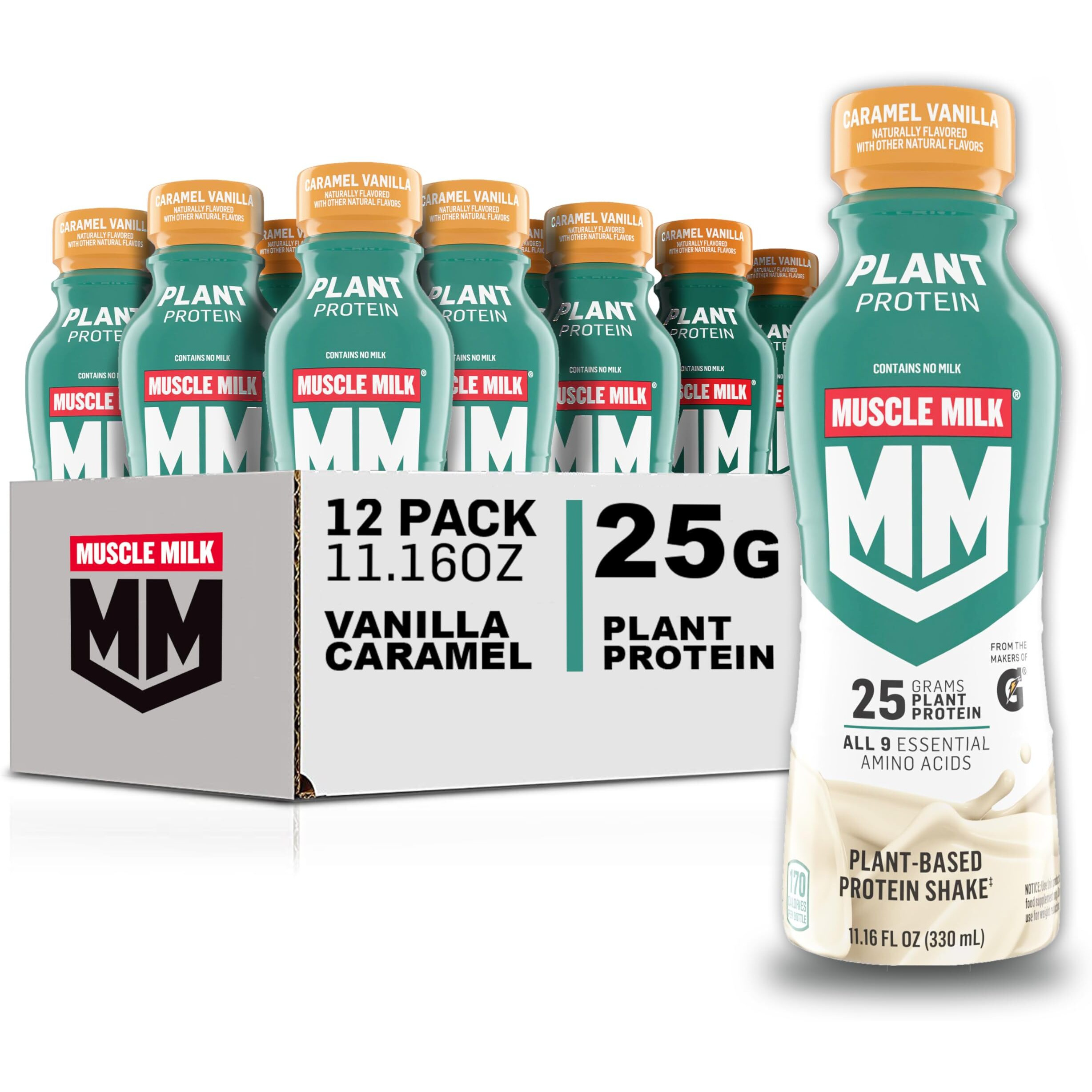 Muscle Milk Plant Based Protein Shake, Vanilla Caramel, 11.16 Fl Oz (Pack Of 12)