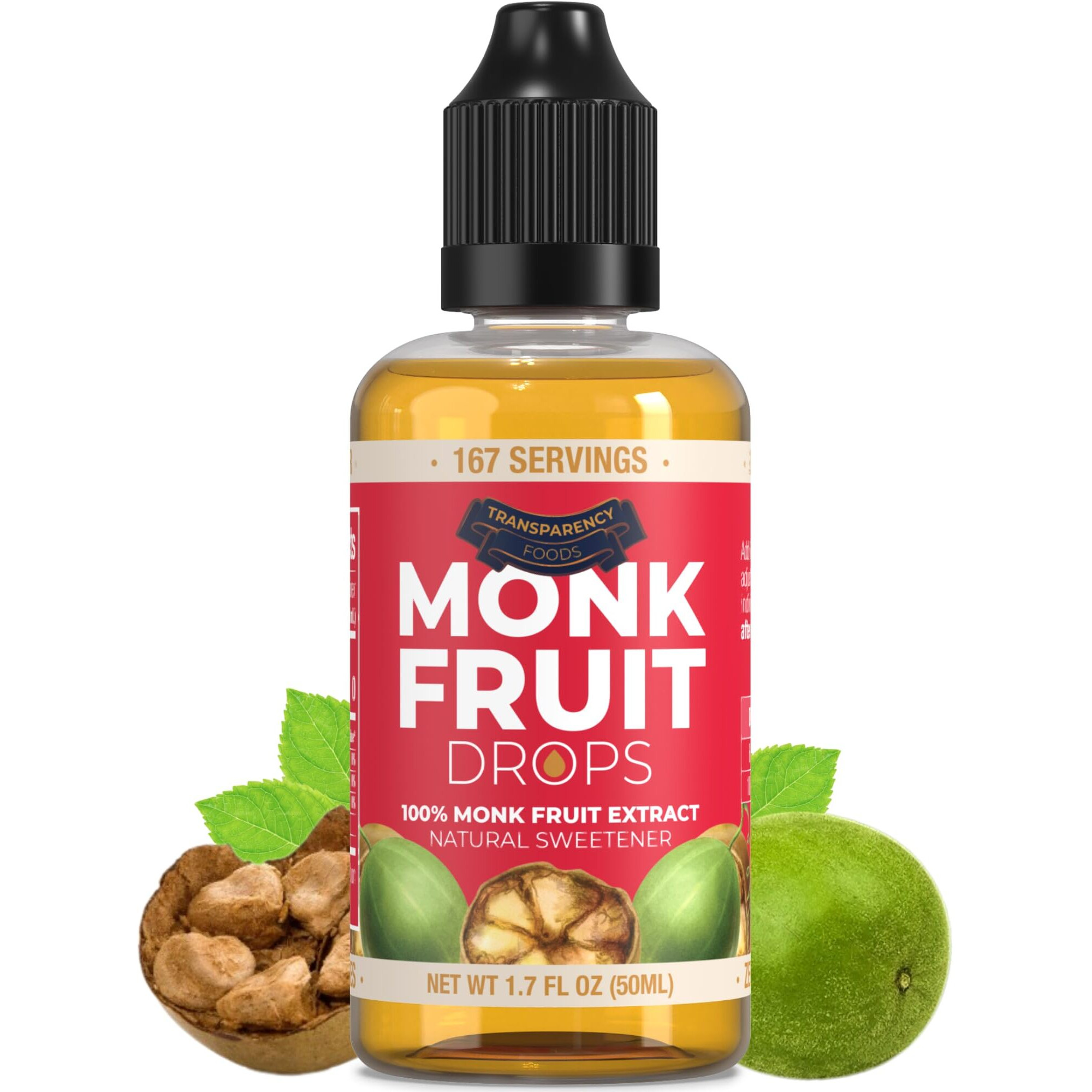100% Pure Monk Fruit Extract (6 Drops  1 Tsp Of Sugar) Zero Calories, Non-Gmo, No Fillers - Liquid Monk Fruit Sweetener No Erythritol - Monk Fruit Drops By Transparency Foods (1.7Oz, 167 Servings)