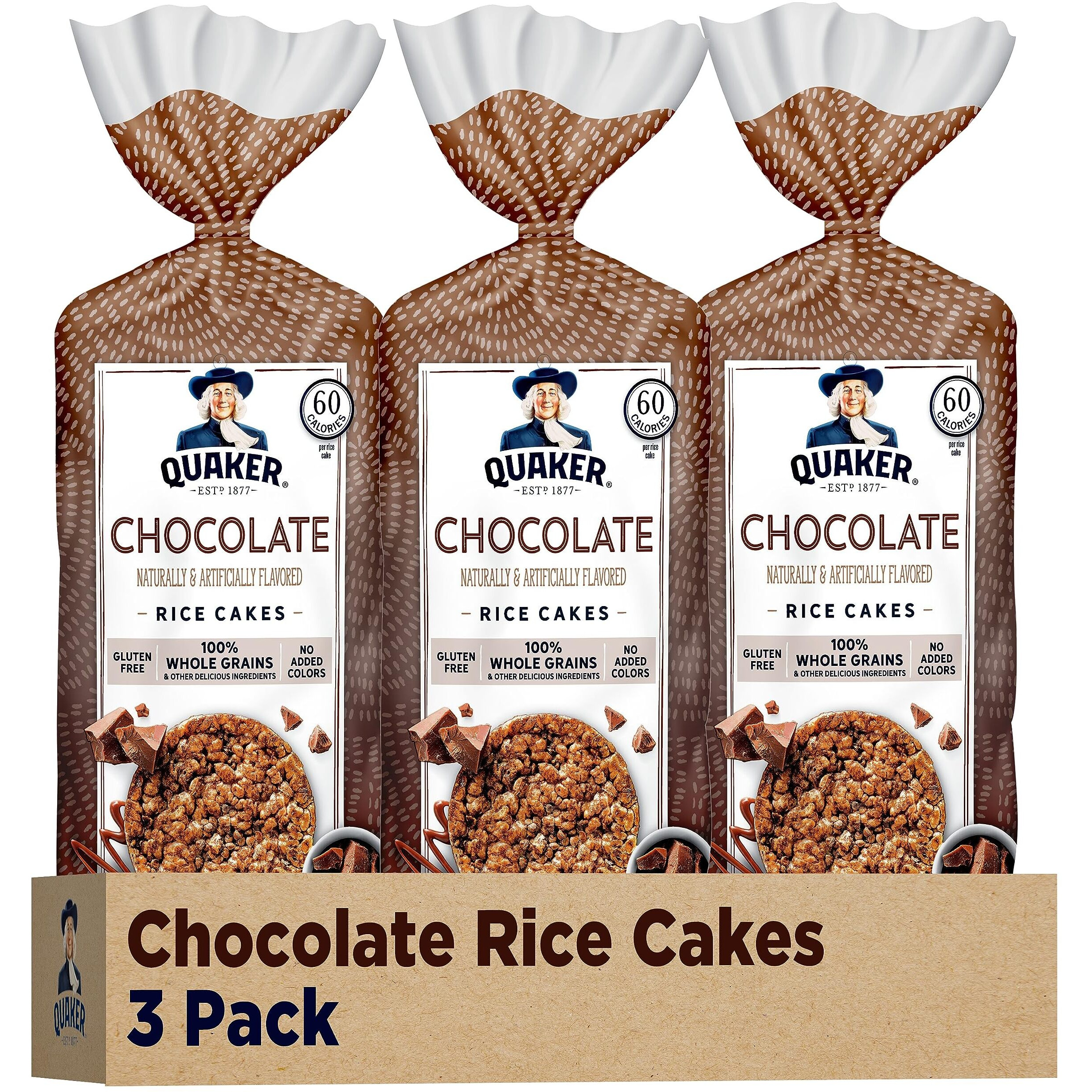 Quaker Large Rice Cakes, Chocolate, 7.23 Oz Bags, (3 Pack), Gluten Free, Whole Grain, No Added Colors
