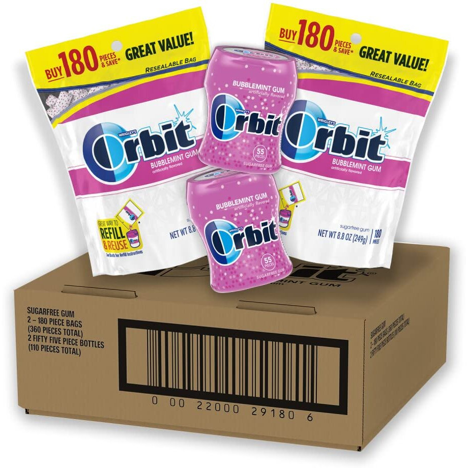 Orbit Bubblemint Sugar Free Chewing Gum Bulk Pack, 2 Pack - 180 Piece Bag & 2 Pack - 55 Piece Bottle