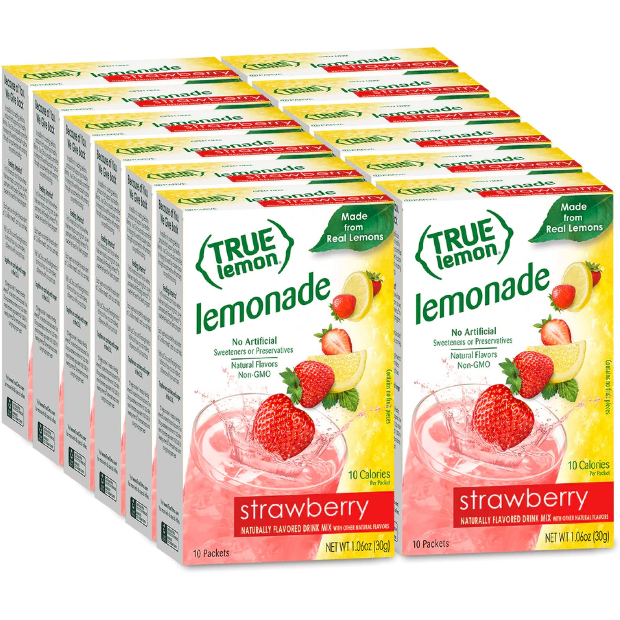 True Lemon Strawberry Lemonade Drink Mix, Made From Real Lemons, Low Calorie, Low Sugar, Lemonade Drink Mix, 10 Count, 1.06 Oz (Pack Of 12)