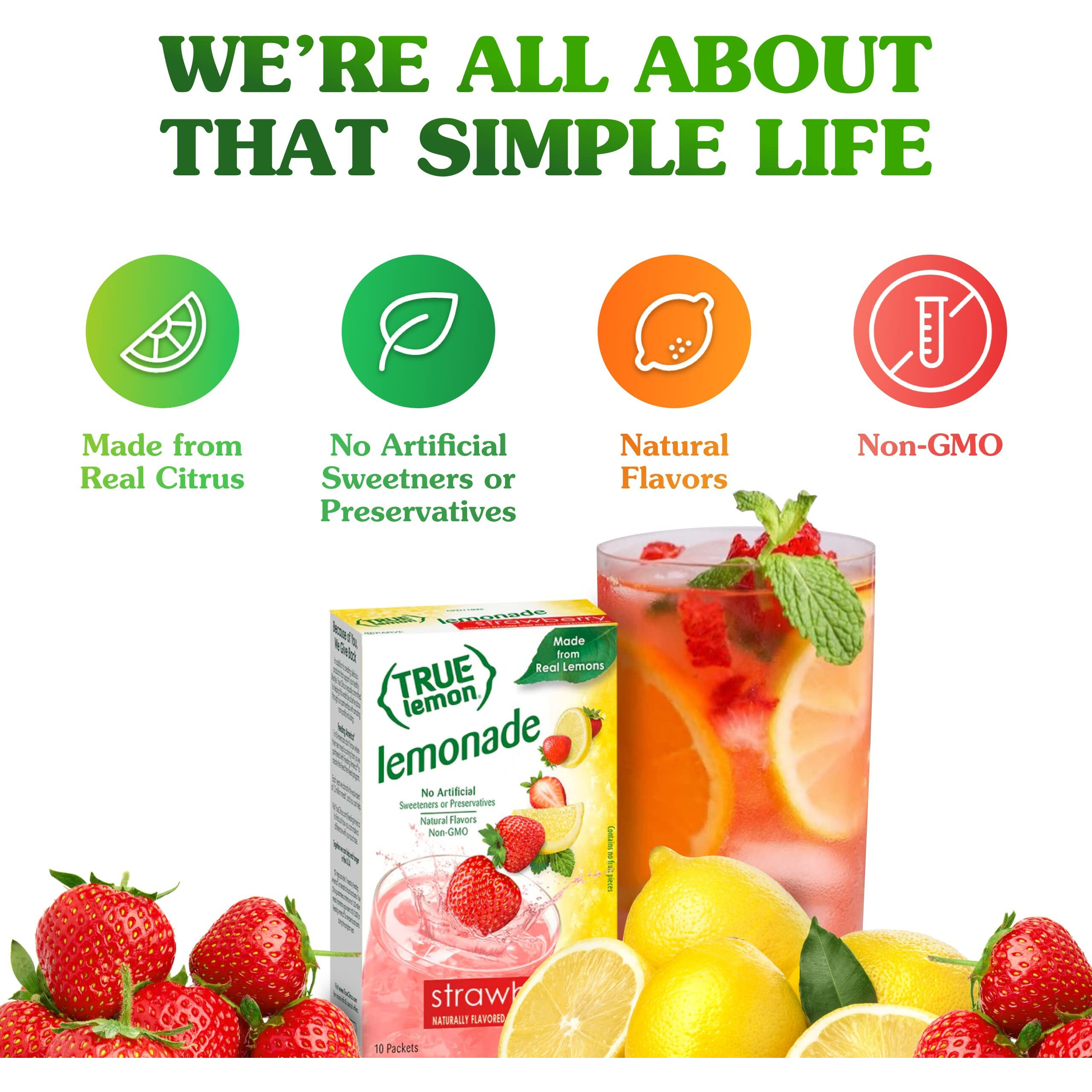 True Lemon Strawberry Lemonade Drink Mix, Made From Real Lemons, Low Calorie, Low Sugar, Lemonade Drink Mix, 10 Count, 1.06 Oz (Pack Of 12)