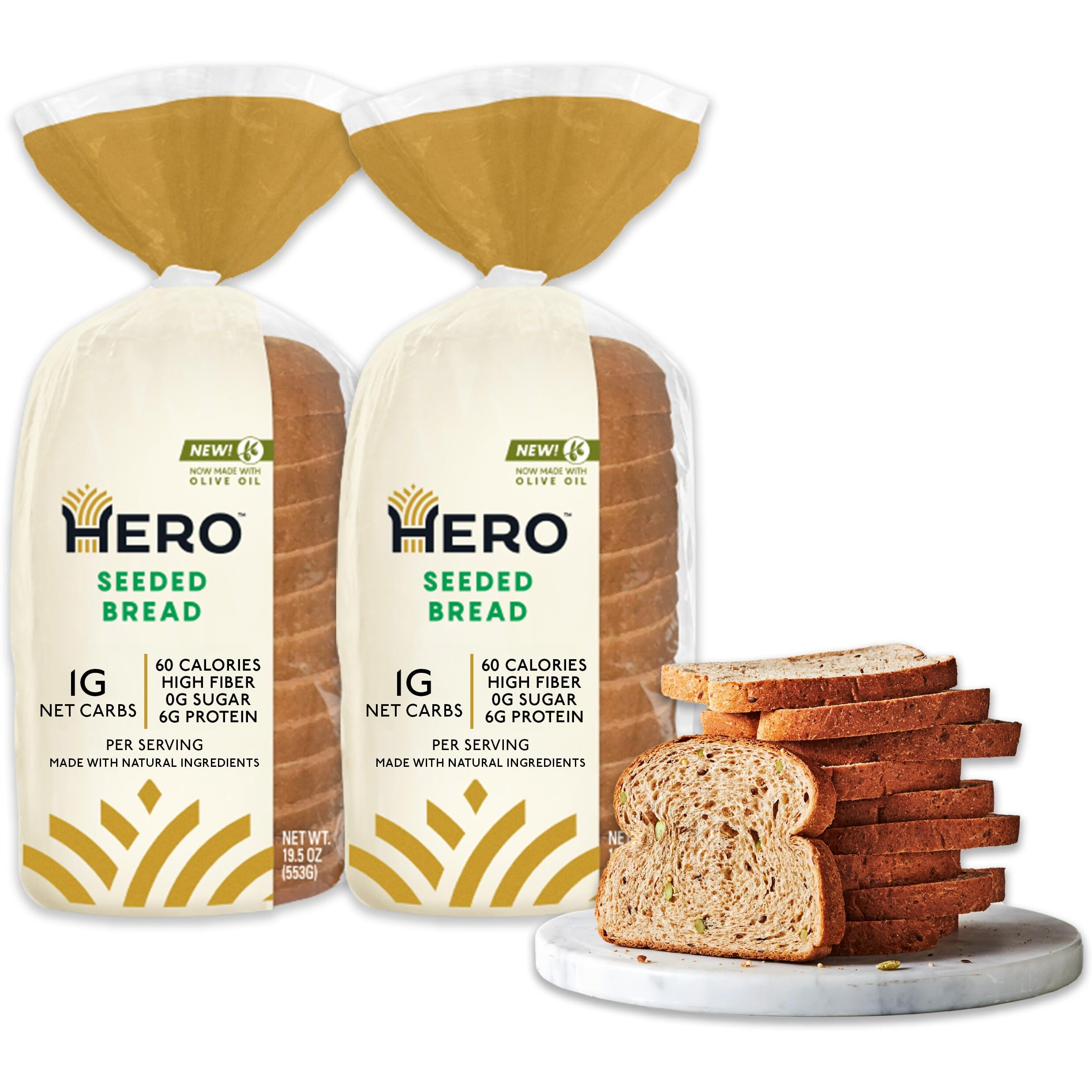 Hero Seeded Bread - Delicious Bread With 1G Net Carb, 0G Sugar, 60 Calories, 12G Fiber Per Slice | Tastes Like Regular Bread | Low Carb & Keto Friendly Bread Loaf -15 Slices/Loaf, 2 Loaves