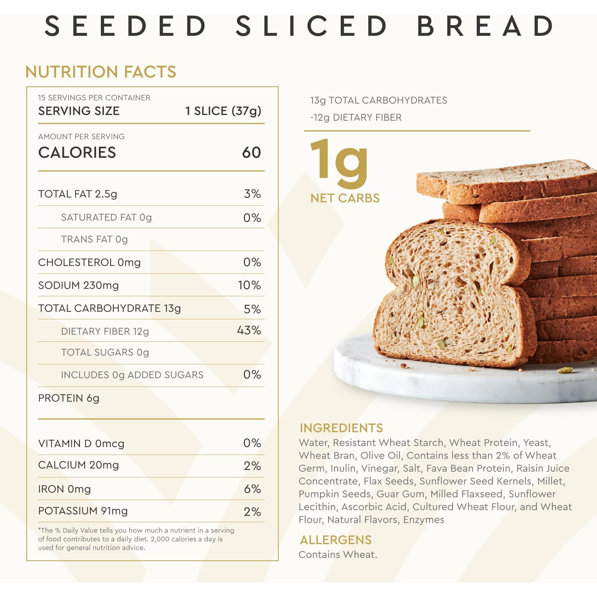 Hero Seeded Bread - Delicious Bread With 1G Net Carb, 0G Sugar, 60 Calories, 12G Fiber Per Slice | Tastes Like Regular Bread | Low Carb & Keto Friendly Bread Loaf -15 Slices/Loaf, 2 Loaves