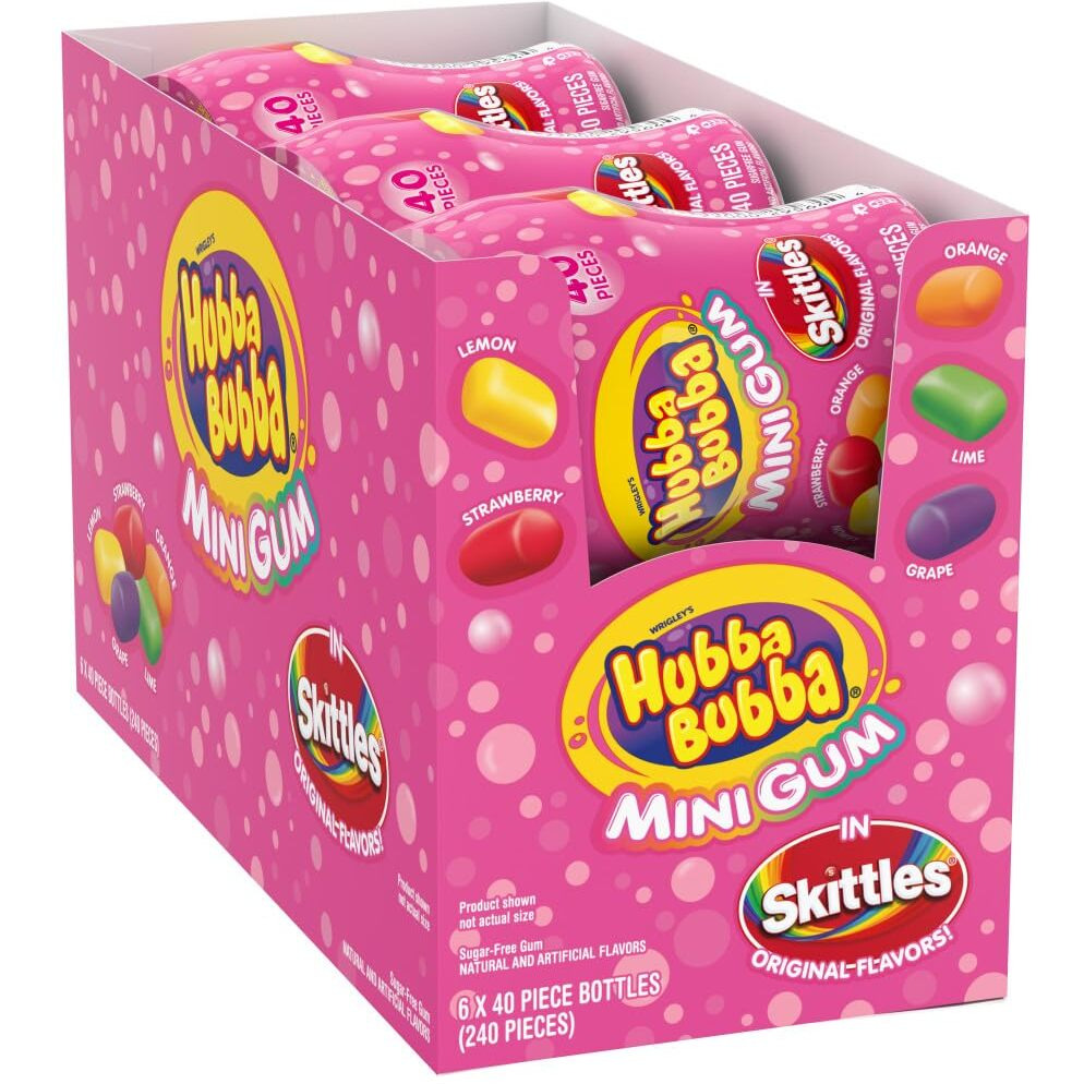 Hubba Bubba Minis Skittles Flavored Sugarfree Bubble Gum, Bulk Gum Bottle 6 Per Pack (Total 240 Pieces)