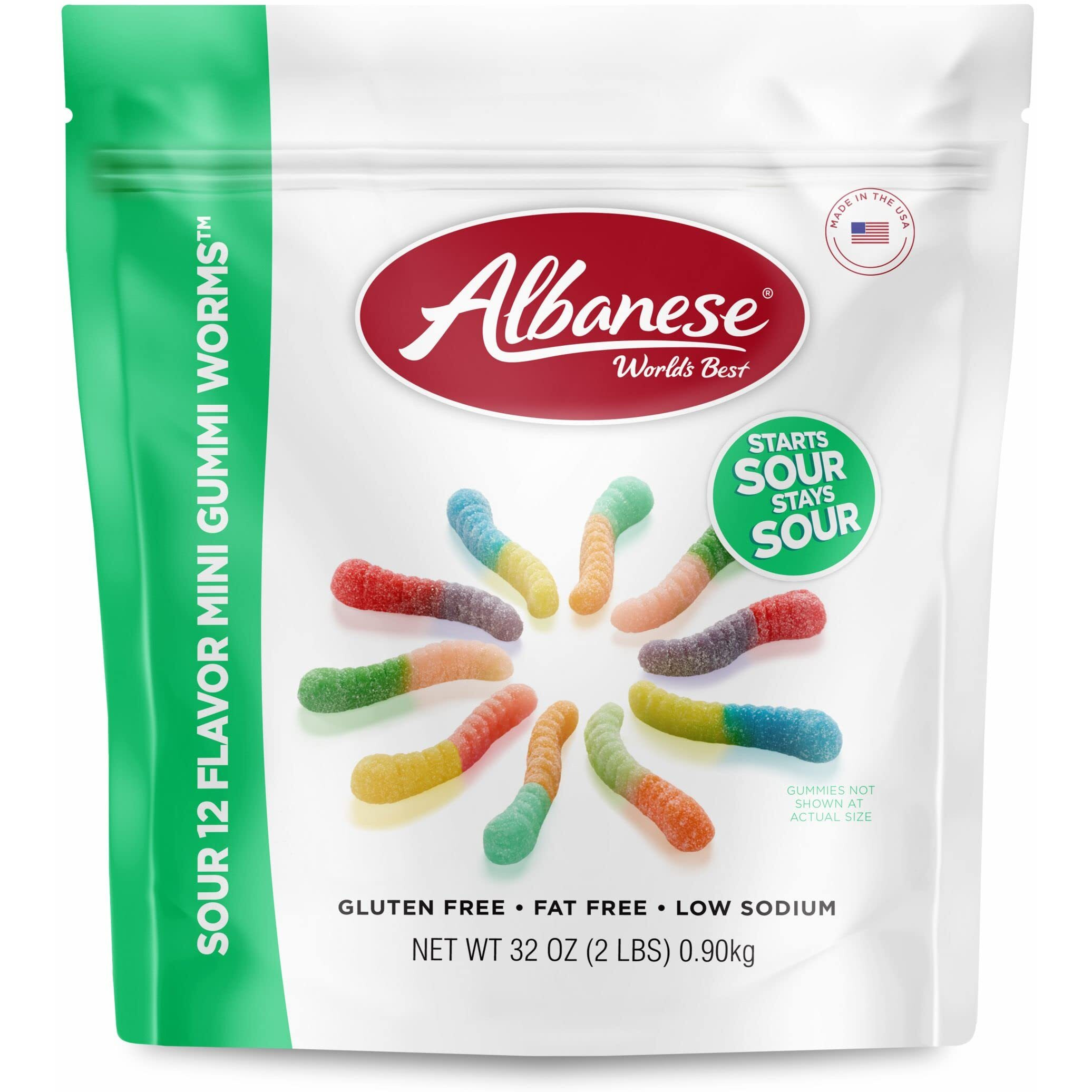 Albanese World's Best Sour 12 Flavor Mini Gummi Worms Candy, 32 Oz Bag