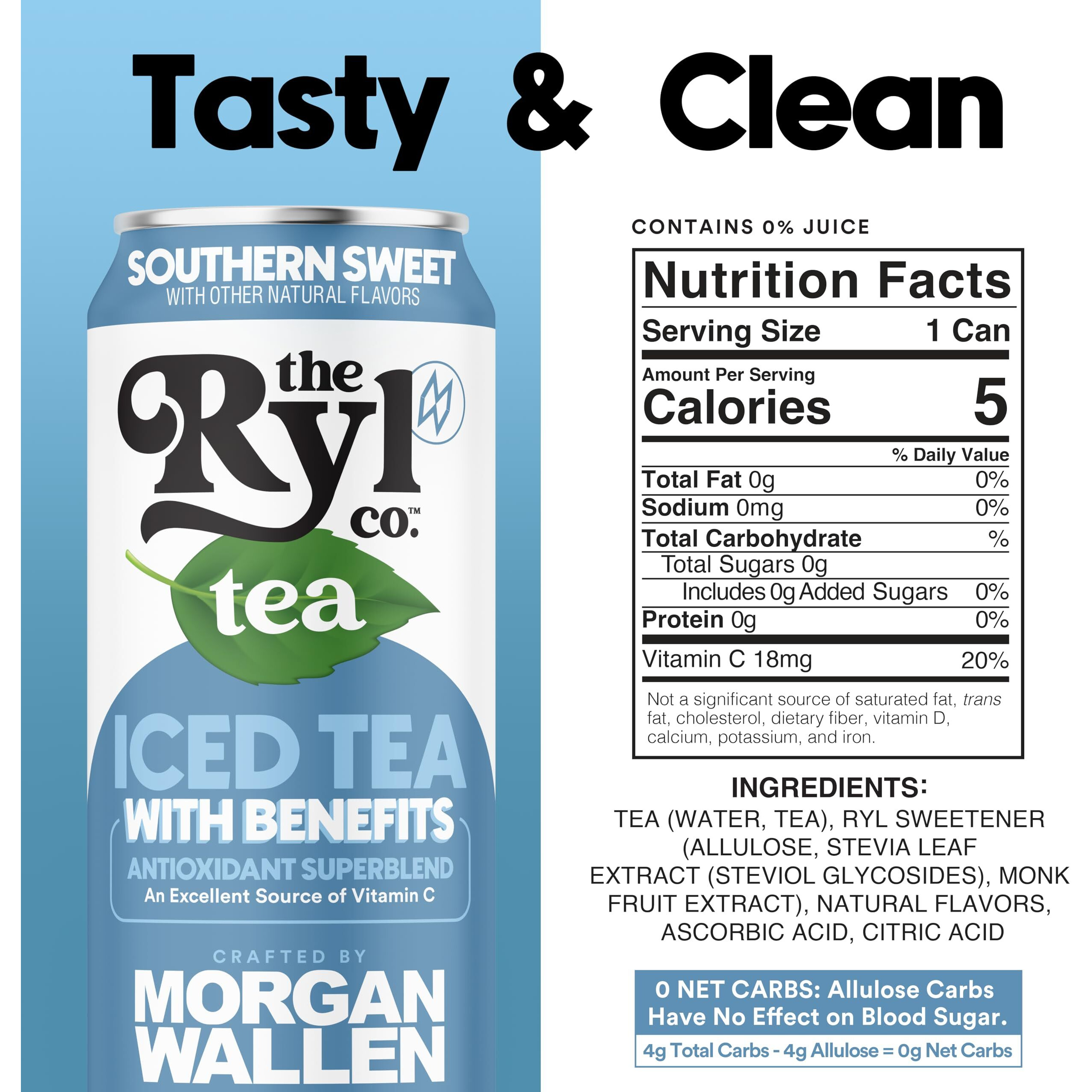 Ryl Iced Tea, Wallen's Sweet, Antioxidant Superblend, Zero Sugar, Low Carb, Low Calorie Iced Tea, 16.0 Fl Oz (12-Pack)