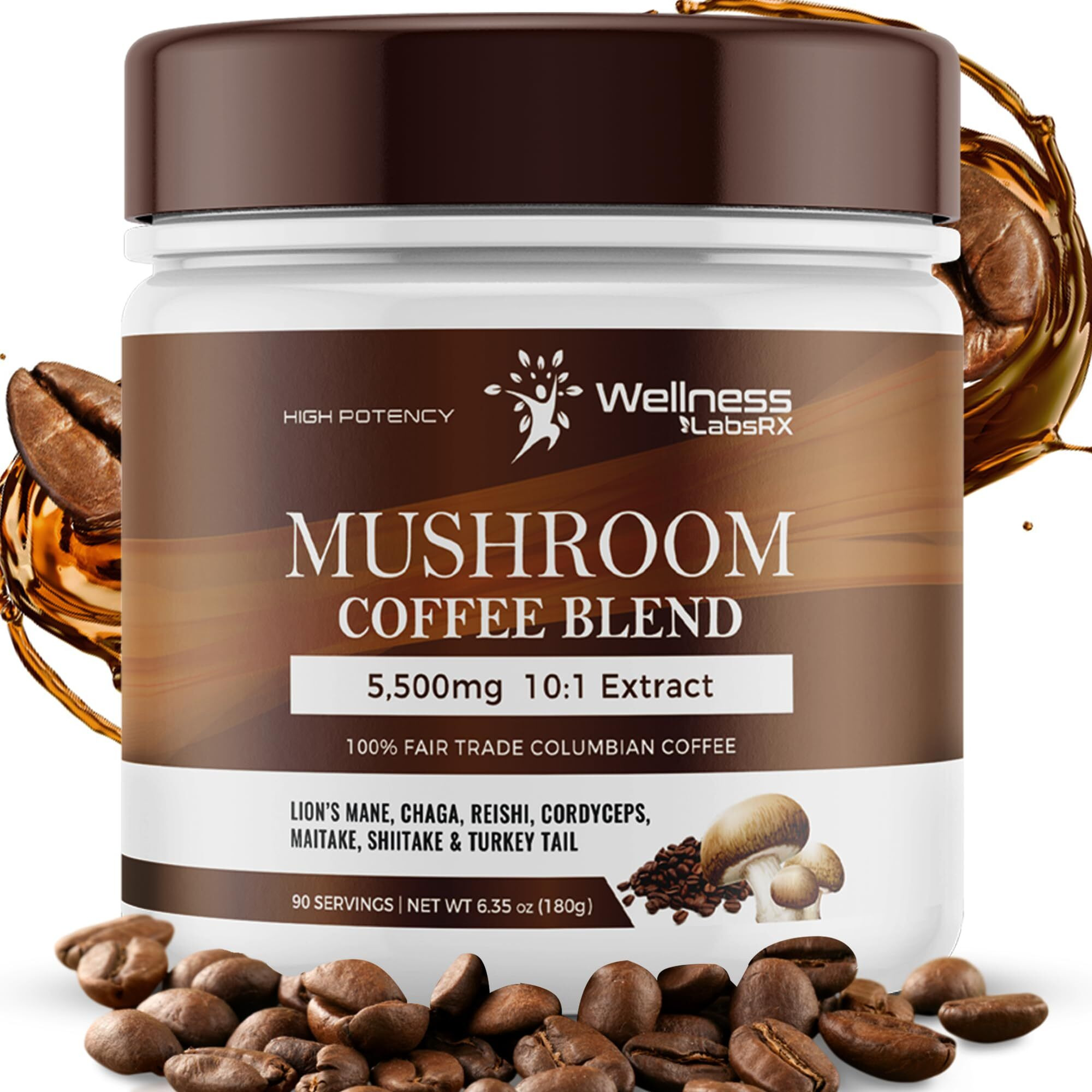 Mushroom Coffee, Organic Mushrooms Instant Coffee, Great Tasting Columbian Coffee, Organic Keto Coffee, 7 Superfood Mushrooms Lions Mane, Chaga, Reishi, Cordyceps, Maitake, Shiitake, And Turkey Tail - 90 Servings