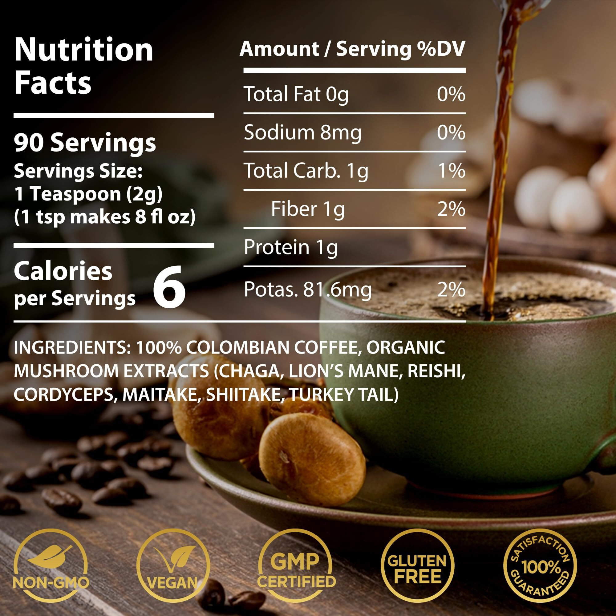Mushroom Coffee, Organic Mushrooms Instant Coffee, Great Tasting Columbian Coffee, Organic Keto Coffee, 7 Superfood Mushrooms Lions Mane, Chaga, Reishi, Cordyceps, Maitake, Shiitake, And Turkey Tail - 90 Servings