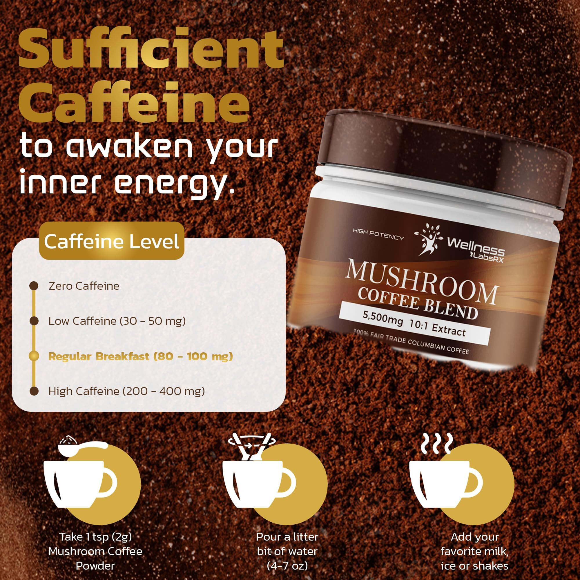 Mushroom Coffee, Organic Mushrooms Instant Coffee, Great Tasting Columbian Coffee, Organic Keto Coffee, 7 Superfood Mushrooms Lions Mane, Chaga, Reishi, Cordyceps, Maitake, Shiitake, And Turkey Tail - 90 Servings