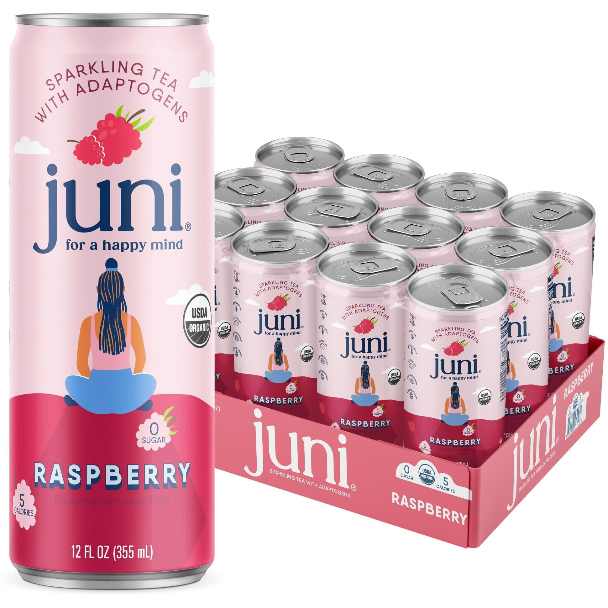 Juni Sparkling Tea With Adaptogens, Raspberry Tea, Zero Sugar, 5 Calories, Organic, Iced Tea, Natural Caffeine From Green Tea, Vegan, Adaptogen Drink, 12 Fl Oz Cans (12-Pack)