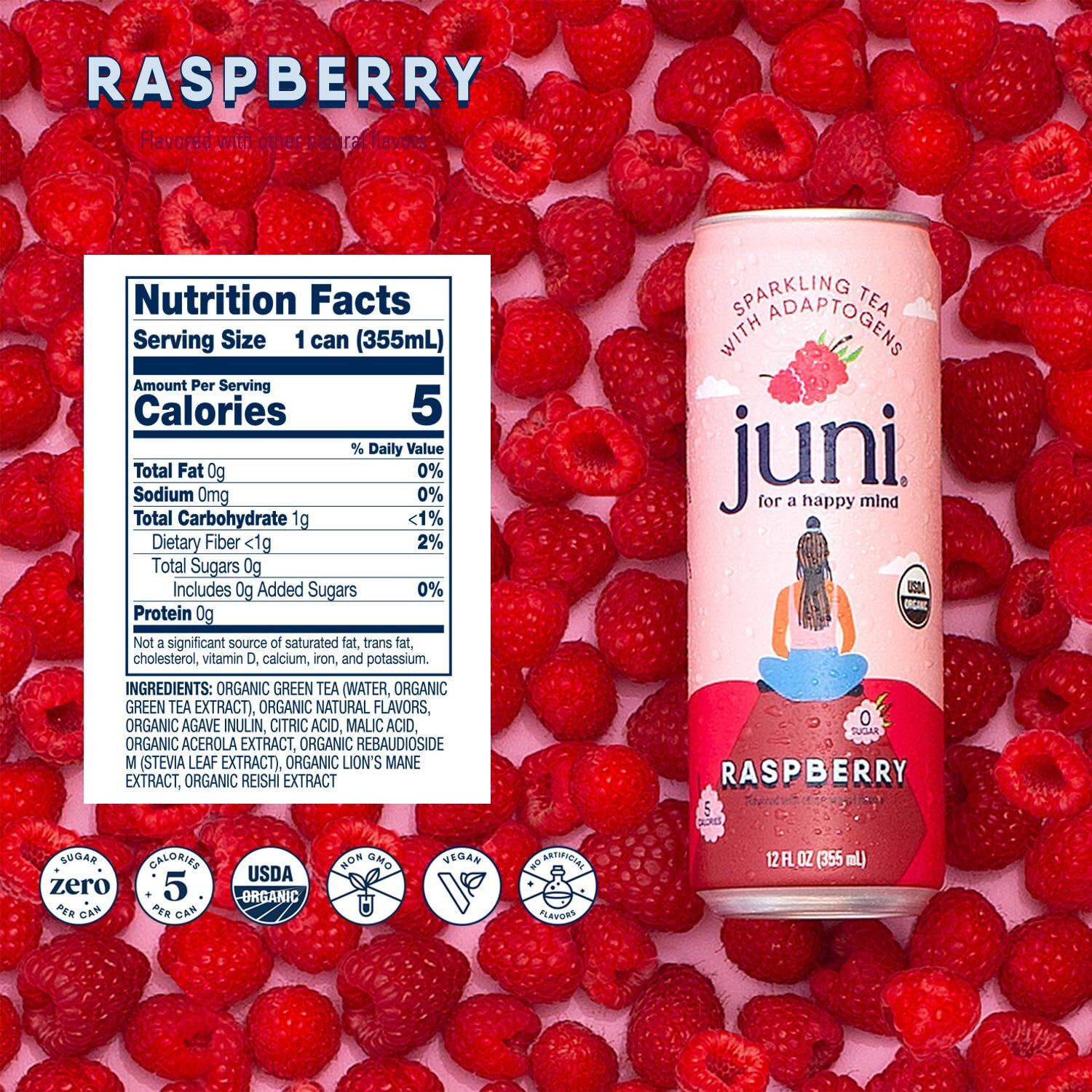 Juni Sparkling Tea With Adaptogens, Raspberry Tea, Zero Sugar, 5 Calories, Organic, Iced Tea, Natural Caffeine From Green Tea, Vegan, Adaptogen Drink, 12 Fl Oz Cans (12-Pack)