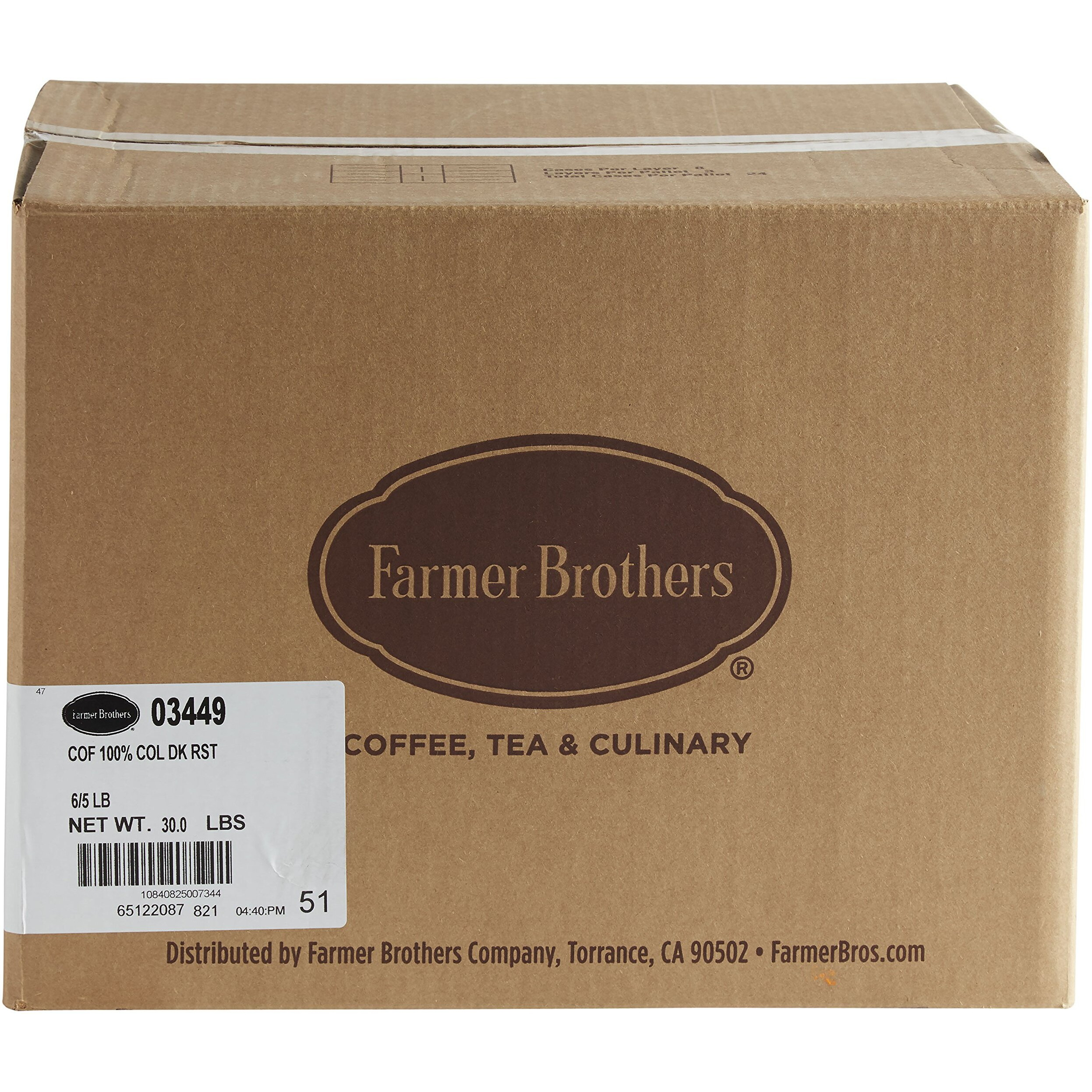 Farmer Brothers Coffee - Whole Bean Medium Roast 100% Colombian 5 Lb Bag (Bulk 6 Pack)