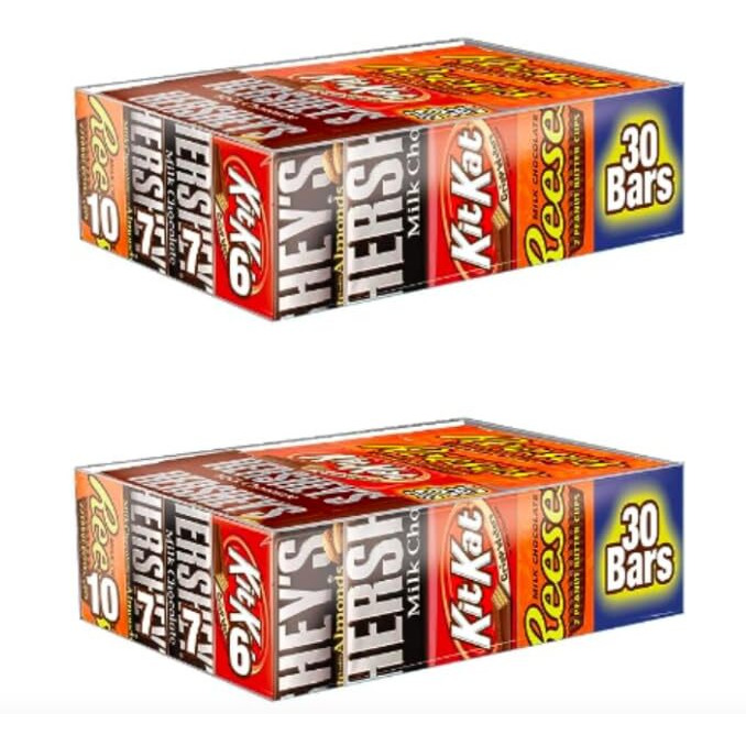 Hershey Uxapzl Chocolate Candy Bar Variety Pack, Hersheys Milk Chocolate With Almonds, Hersheys Milk Chocolate, Reeses Peanut Butter Cups, And Kit Kat Bars 30 Count Box (2 Pack)