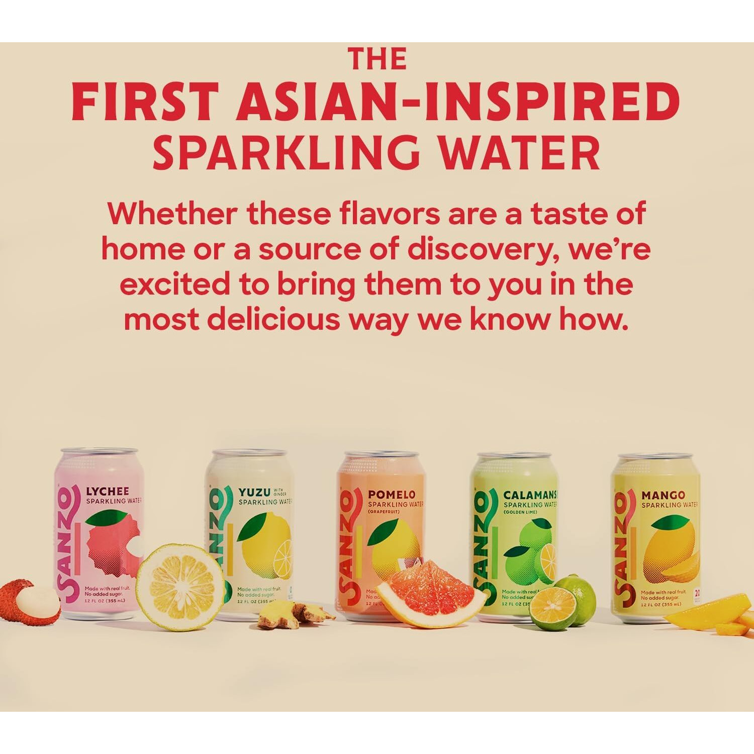 Sanzo Flavored Sparkling Water Variety 12-Pack - Lychee (Berry), Yuzu (Lemon), Pomelo (Grapefruit), Calamansi (Lime), & Mango (Alphonso) - Made With Real Fruit, No Added & Gluten Free - 12 Fl Oz
