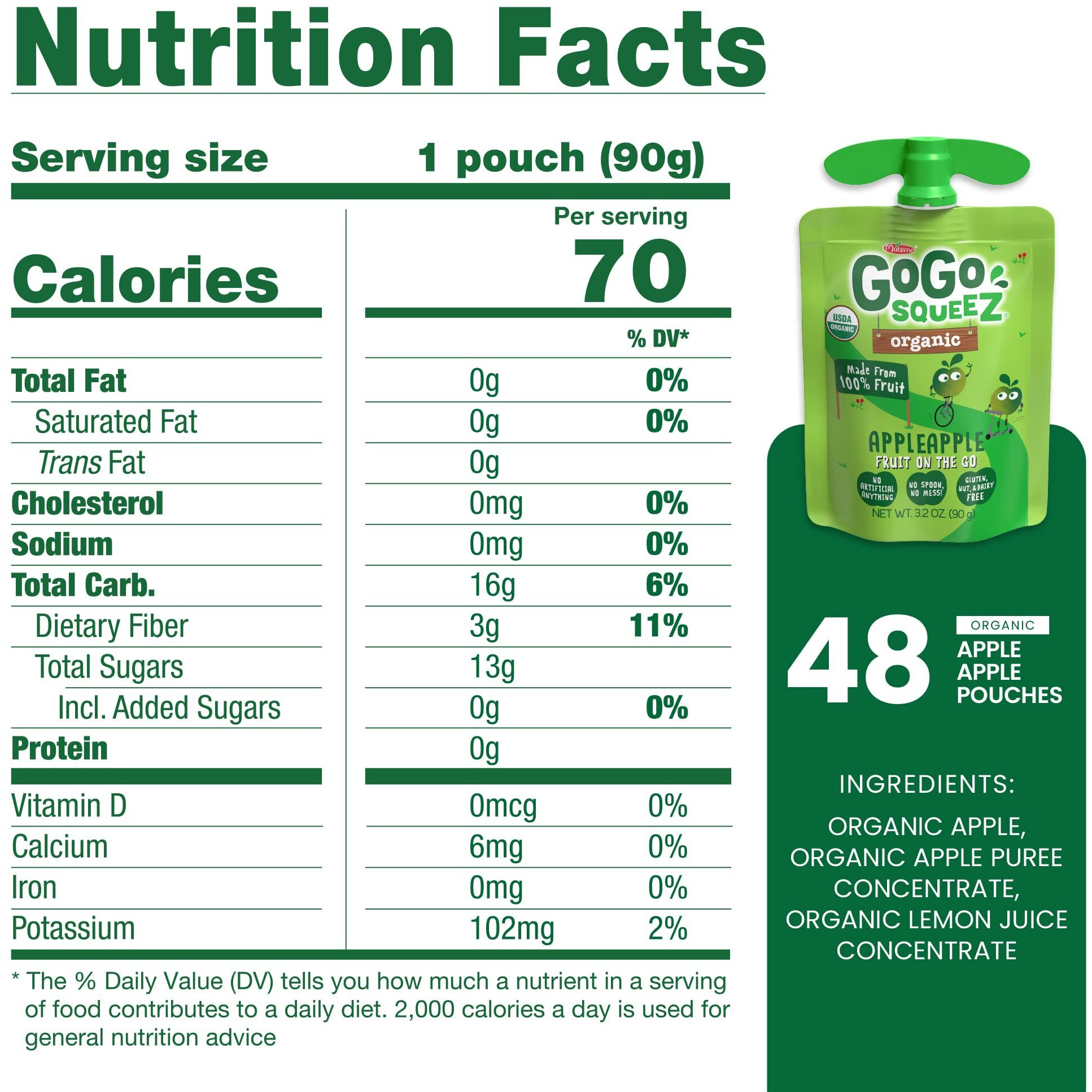 Gogo Squeez Fruit On The Go Organic, Apple Apple, 3.2 Oz (Pack Of 48), Unsweetened Organic Fruit Snacks For Kids, Gluten Free, Nut Free And Dairy Free, Recloseable Cap, Bpa Free Pouches