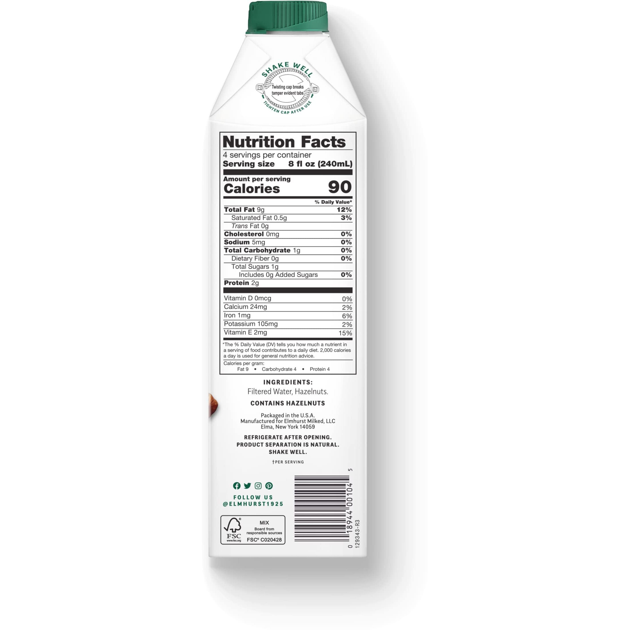 Elmhurst 1925 Milked Hazelnuts Unsweetened Hazelnut Milk, 32 Ounce (Pack Of 6)