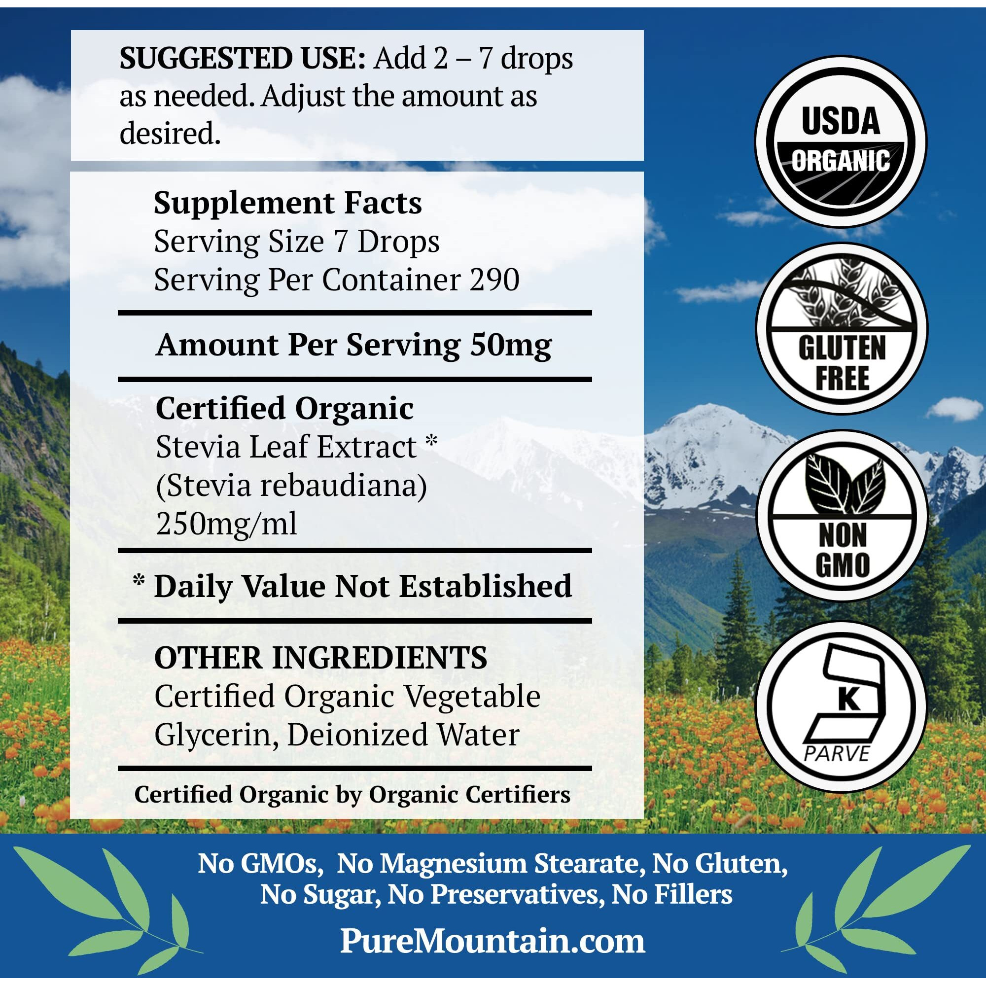 Organic Liquid Stevia Sweetener - Alcohol Free And Kosher Sweet Sugar Substitute Drops - 2Oz Glass Bottle