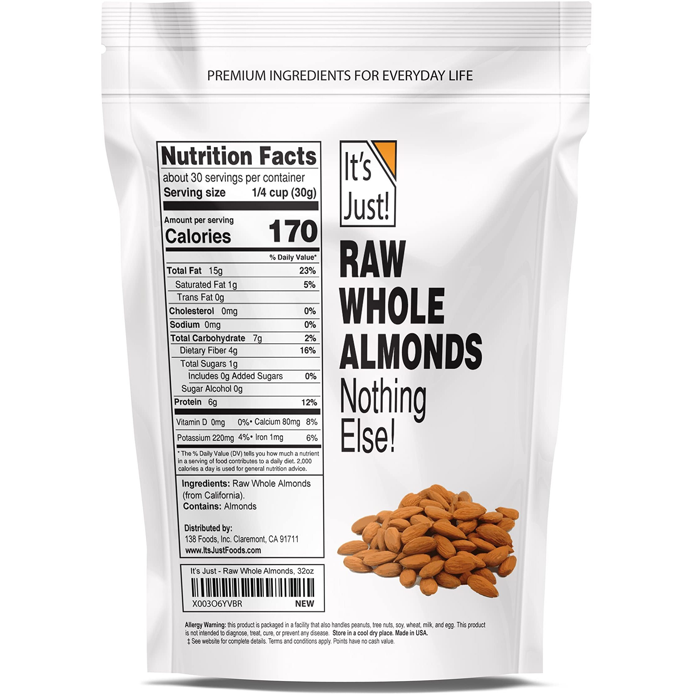 It's Just - Raw Whole Almonds, Grown In California, 32Oz (2Lbs), Unsalted, Premium Quality, Supreme Grade, Naturally Semi Sweet, Made In Usa