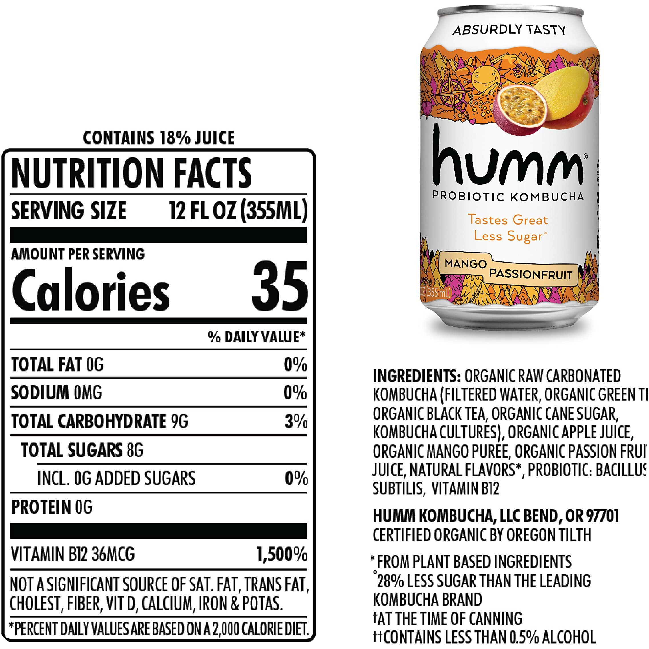 Humm Kombucha Mango Passionfruit, Organic, Vegan & Gmo Free (12 Pack)