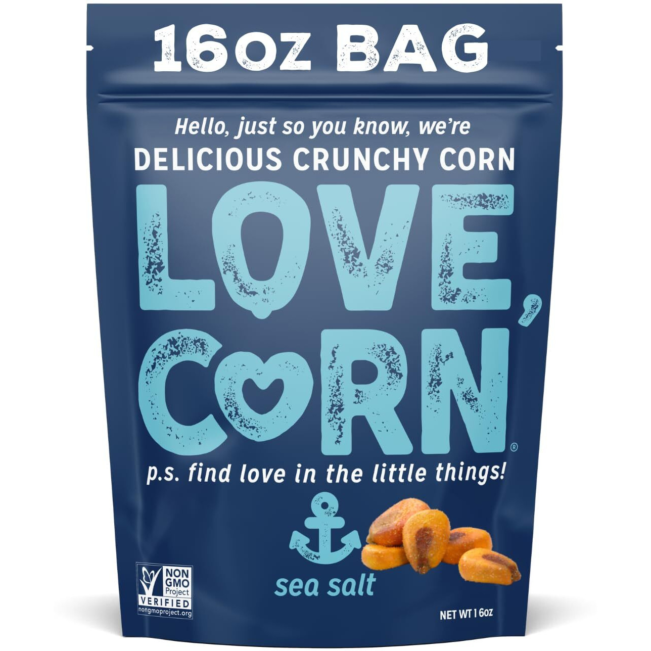Love Corn Sea Salt 16Oz X 1 Bag - Delicious Crunchy Corn - Healthy Family Snacks - Gluten Free, Kosher, Non-Gmo- Alternative For Chips, Nuts, Crackers & Pretzels - Perfect For Charcuterie Boards