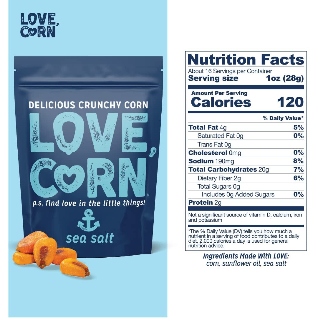 Love Corn Sea Salt 16Oz X 1 Bag - Delicious Crunchy Corn - Healthy Family Snacks - Gluten Free, Kosher, Non-Gmo- Alternative For Chips, Nuts, Crackers & Pretzels - Perfect For Charcuterie Boards