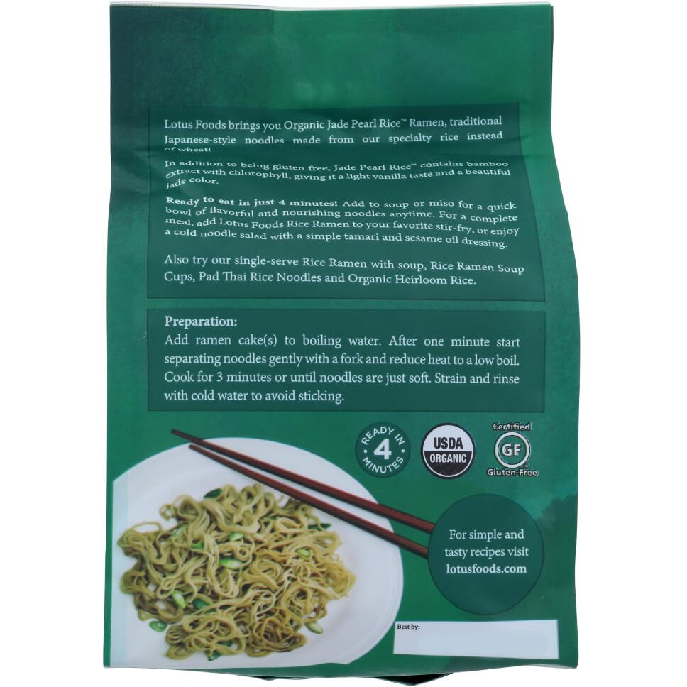Lotus Foods Jade Pearl Organic Rice Ramen - Gluten Free Rice Ramen, Whole Grain Ramen Noodles, Organic Vegan Rice Noodles, Low Sodium, Non Gmo, Usda Organic - 10 Oz Bags (Pack Of 6)
