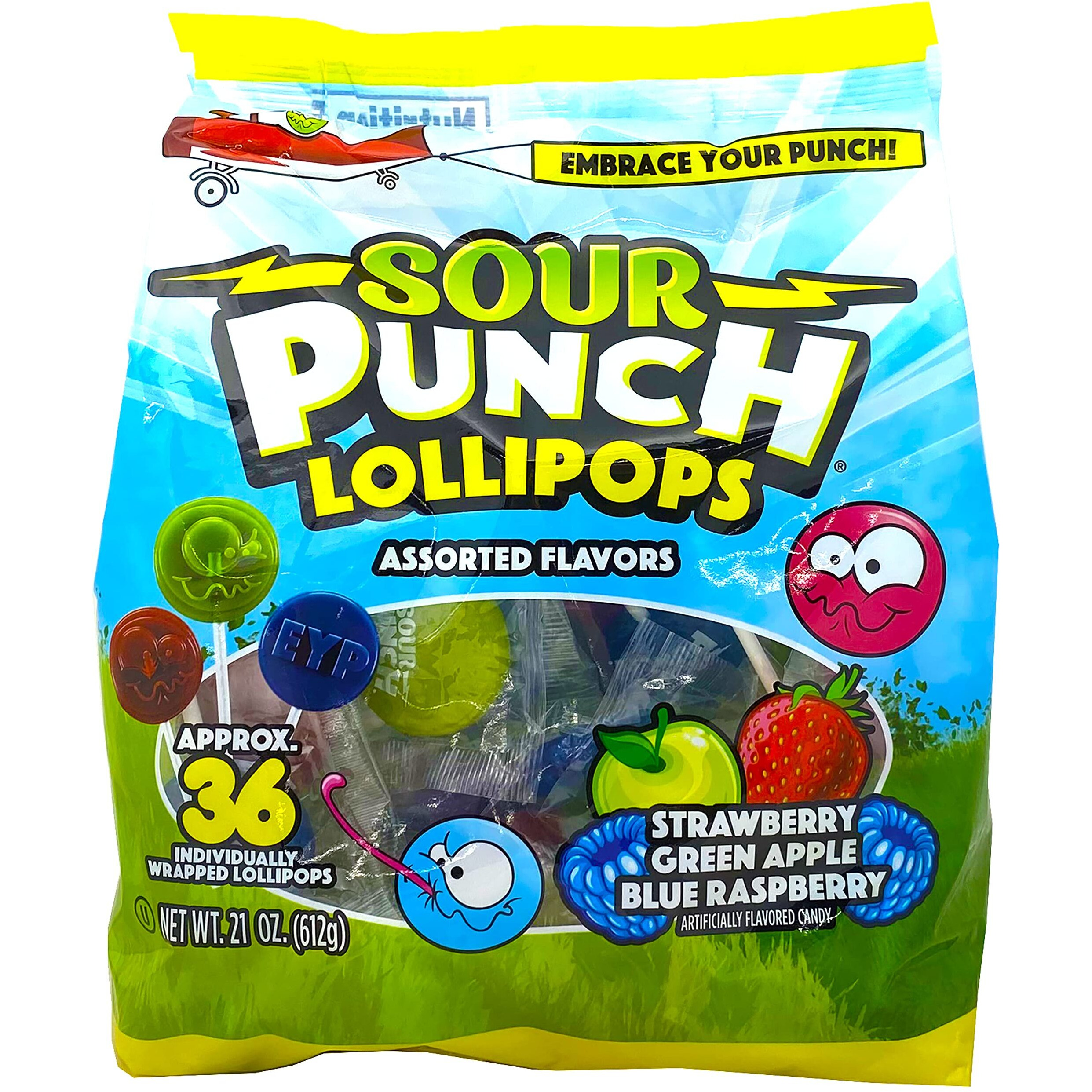 Adams & Brooks, Inc. Sour Punch Lollipops Sour Fruit Flavors Strawberry, Green Apple, Blue Raspberry Sour Lollipops, Sour Punch Pops Individually Wrapped 36 Count
