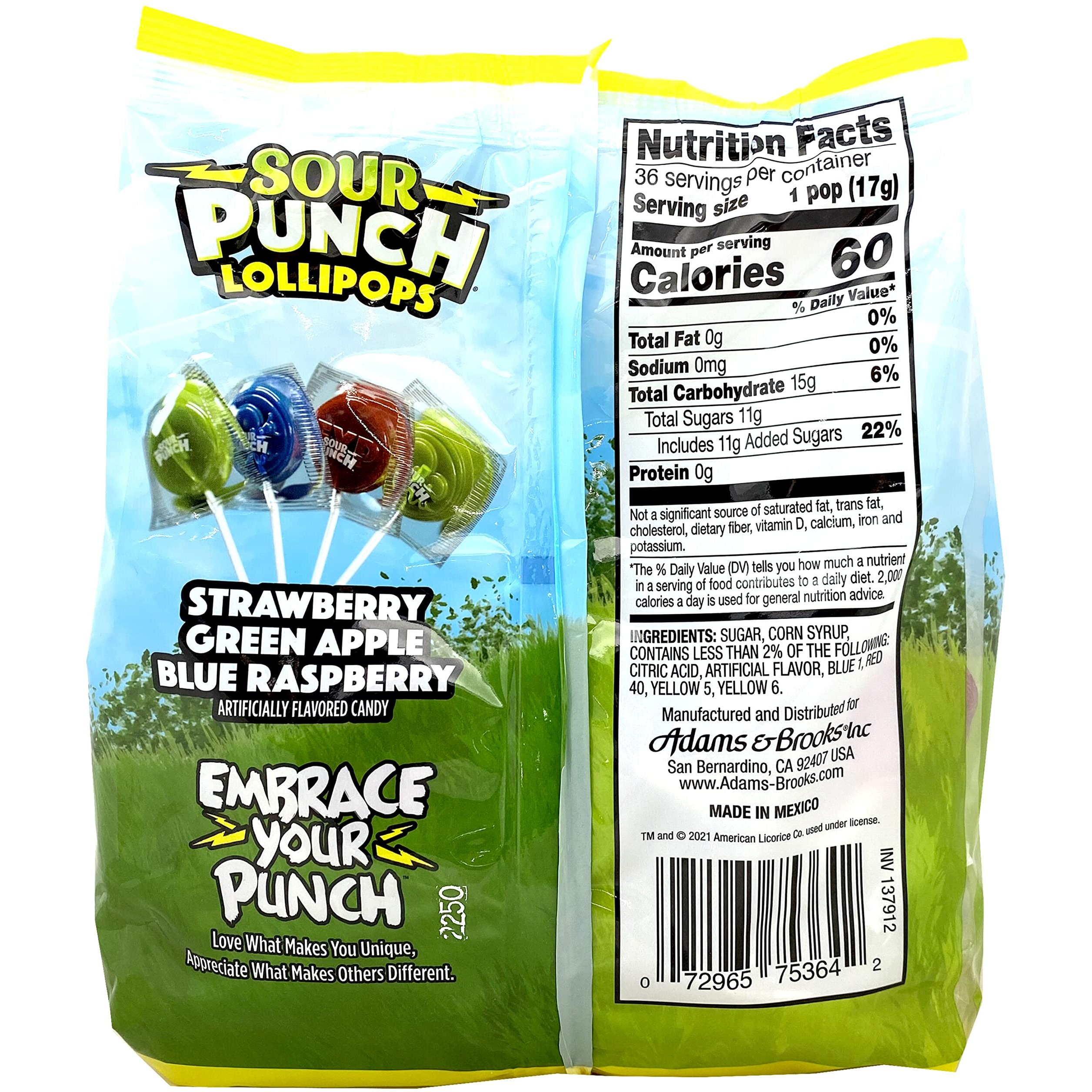 Adams & Brooks, Inc. Sour Punch Lollipops Sour Fruit Flavors Strawberry, Green Apple, Blue Raspberry Sour Lollipops, Sour Punch Pops Individually Wrapped 36 Count