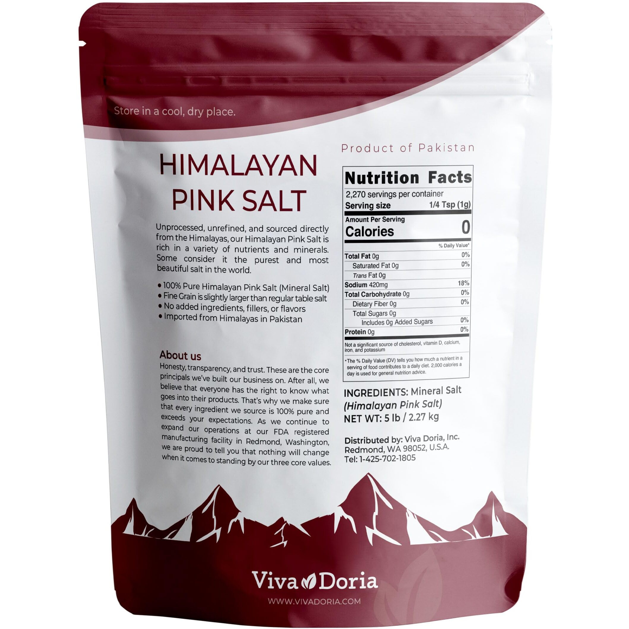 Viva Doria Himalayan Pink Salt, Fine Grain, Certified Authentic, 5 Lb (2.27 Kg)