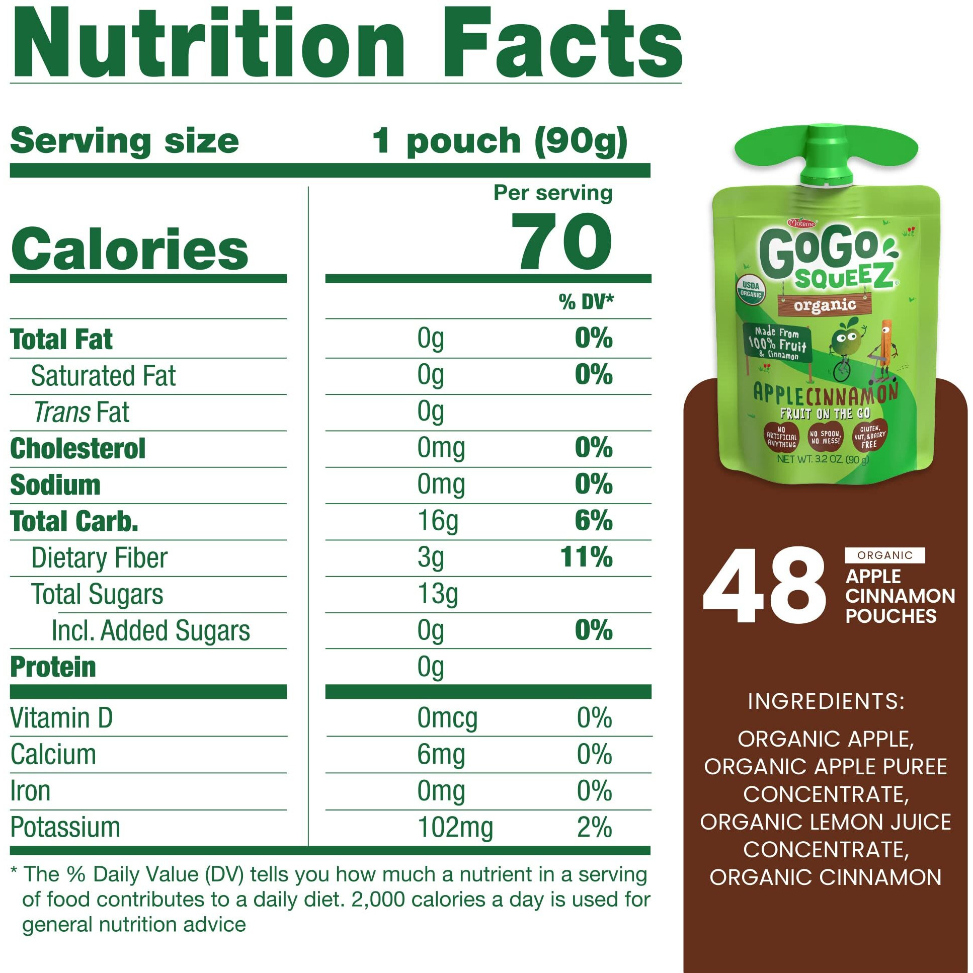 Gogo Squeez Fruit On The Go Organic, Apple Cinnamon, 3.2 Oz (Pack Of 48), Unsweetened Organic Fruit Snacks For Kids, Gluten Free, Nut Free And Dairy Free, Recloseable Cap, Bpa Free Pouches